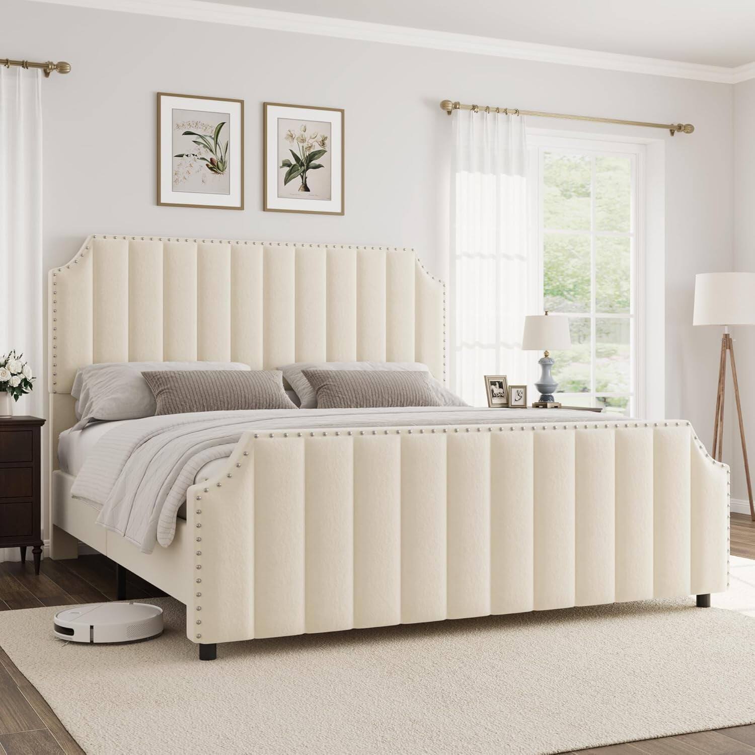 Alt View 4. GARVEE - King Size Platform Bed Frame Beige Upholstered Headboard Footboard Wooden Slats No Box Spring - Beige King1.