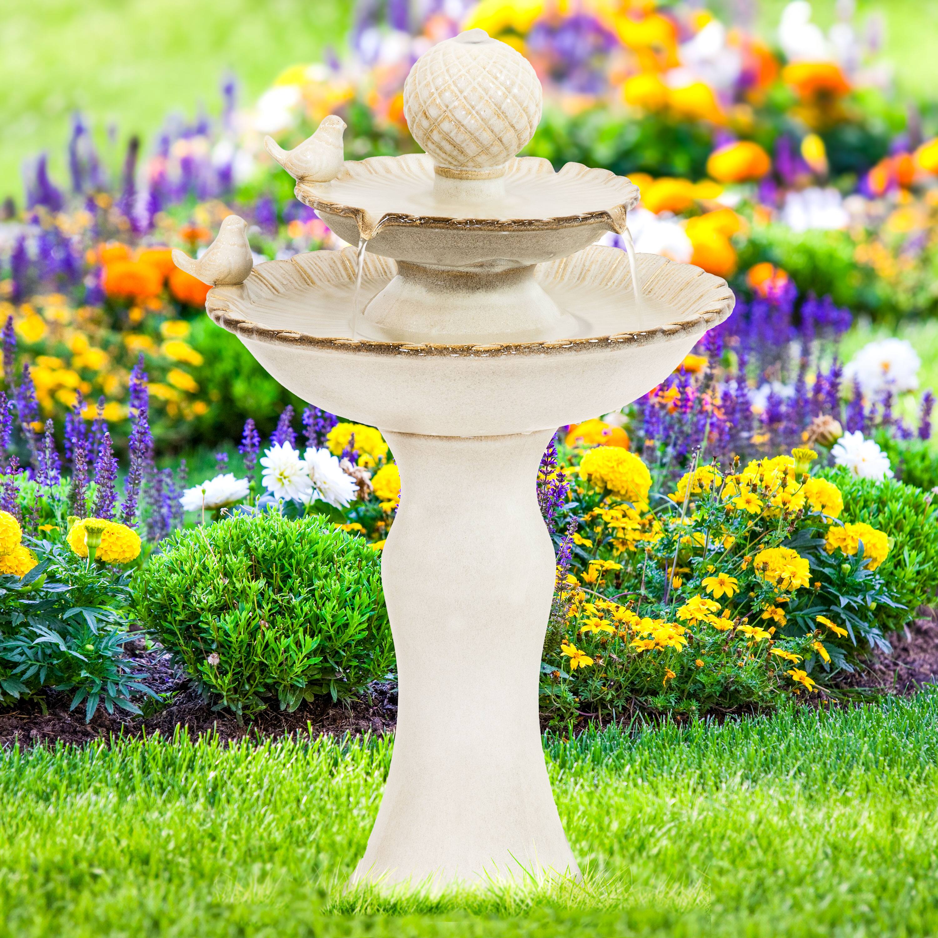 Alt View 5. Sunnydaze - Resting Birds Ceramic Outdoor 2-Tier Water Fountain - White.