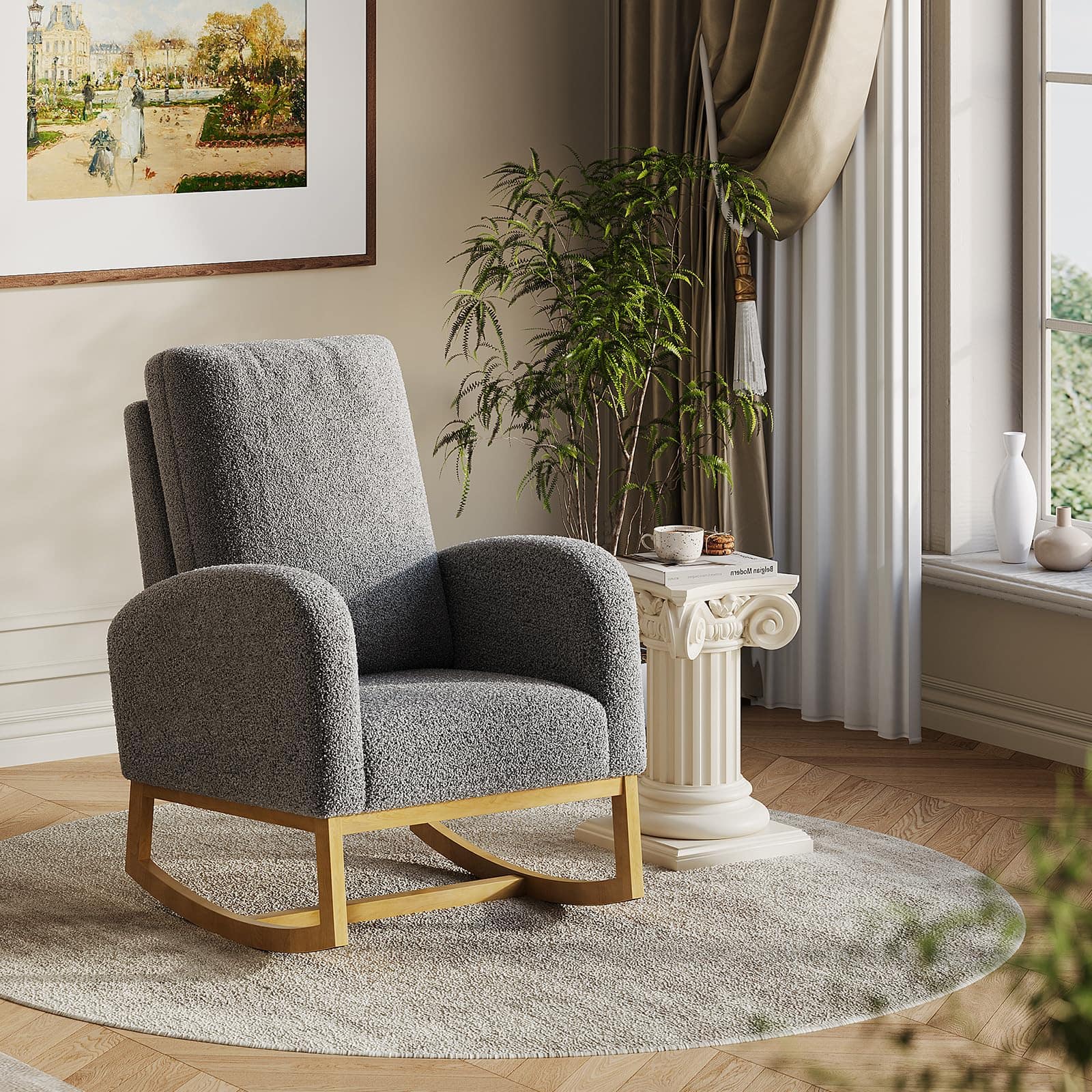 Jojoka - Nursery Rocking Chair, Comfy Upholstered Rocker Armchair with High Back and Side Pocket for Living Room Bedroom - Dark Gray