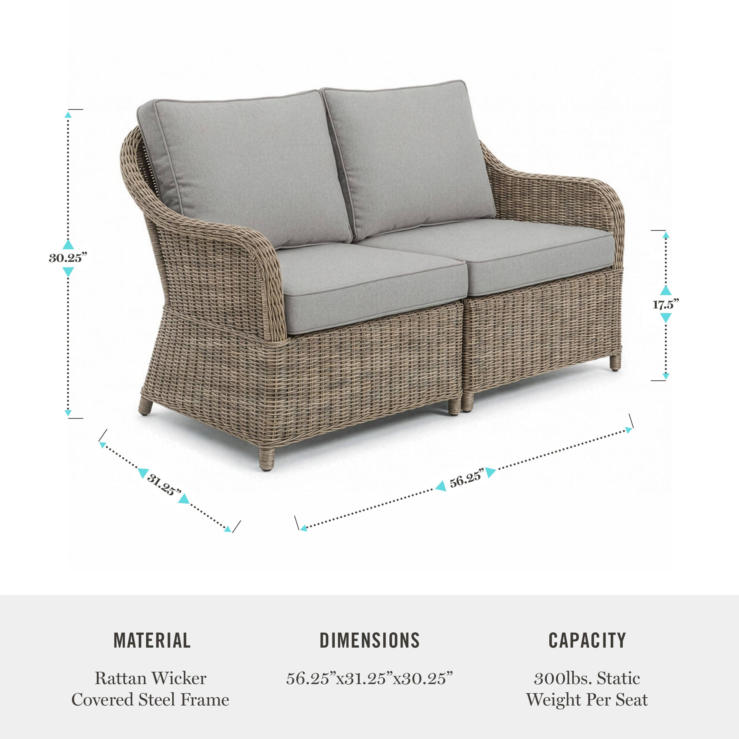 30.25"  
17.5"  
81.25"  
81.25"  
56.25"  

MATERIAL  
Rattan Wicker Covered Steel Frame  

DIMENSIONS  
56.25" x 31.25" x 30.25"  

CAPACITY  
300lbs. Static Weight Per Seat