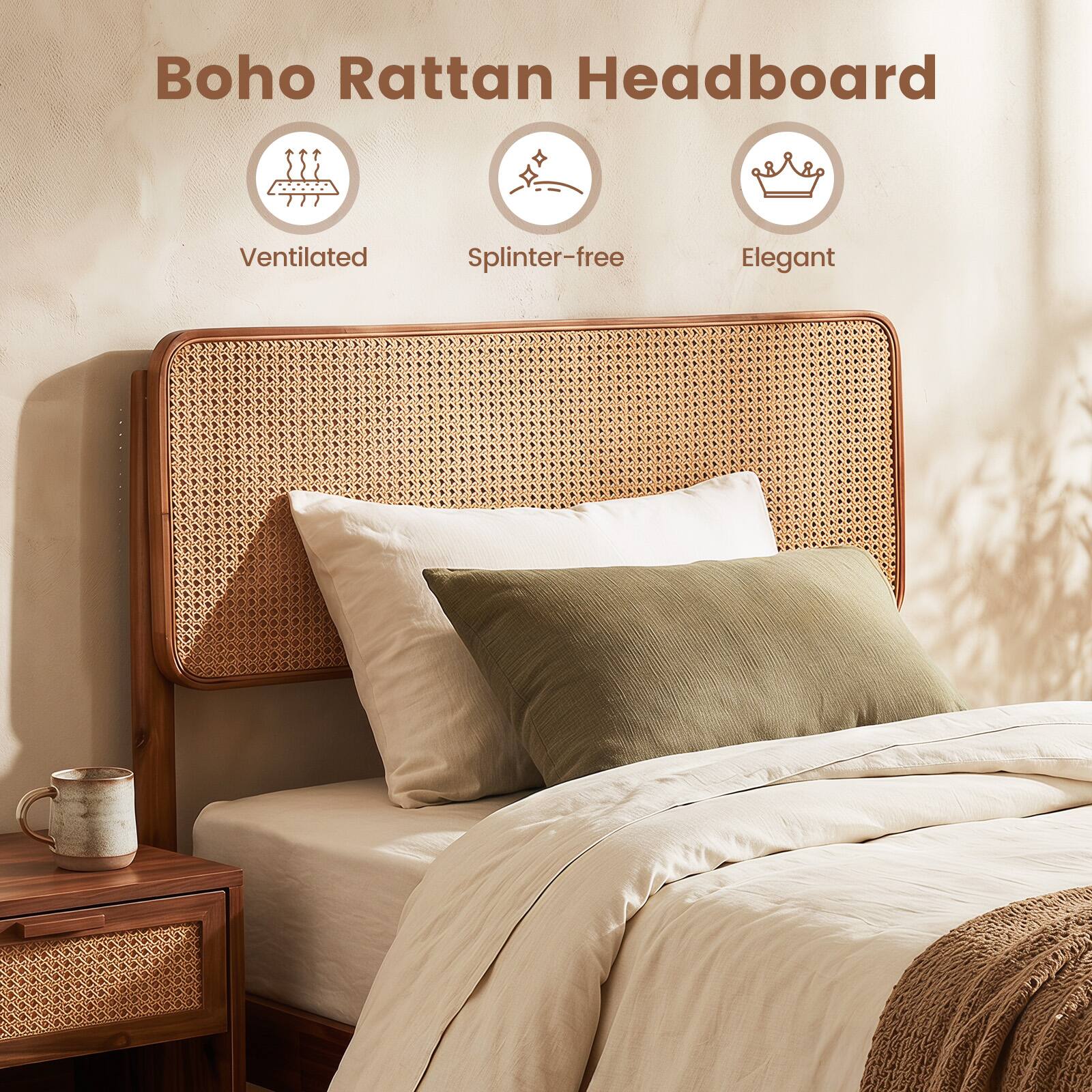 Boho Rattan Headboard  
Ventilated  
Splinter-free  
Elegant