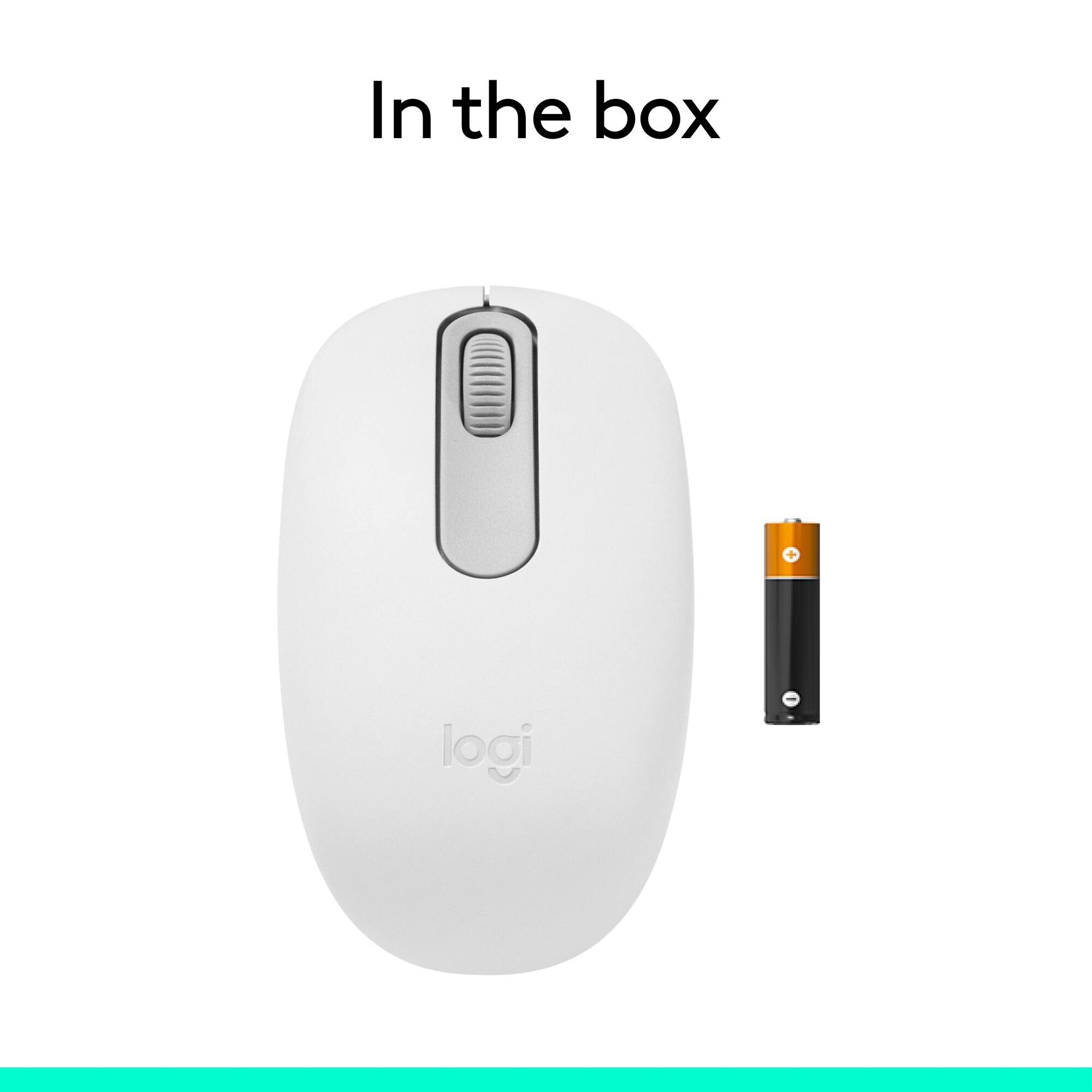 In the box, there is a white Logi computer mouse and a USB dongle.