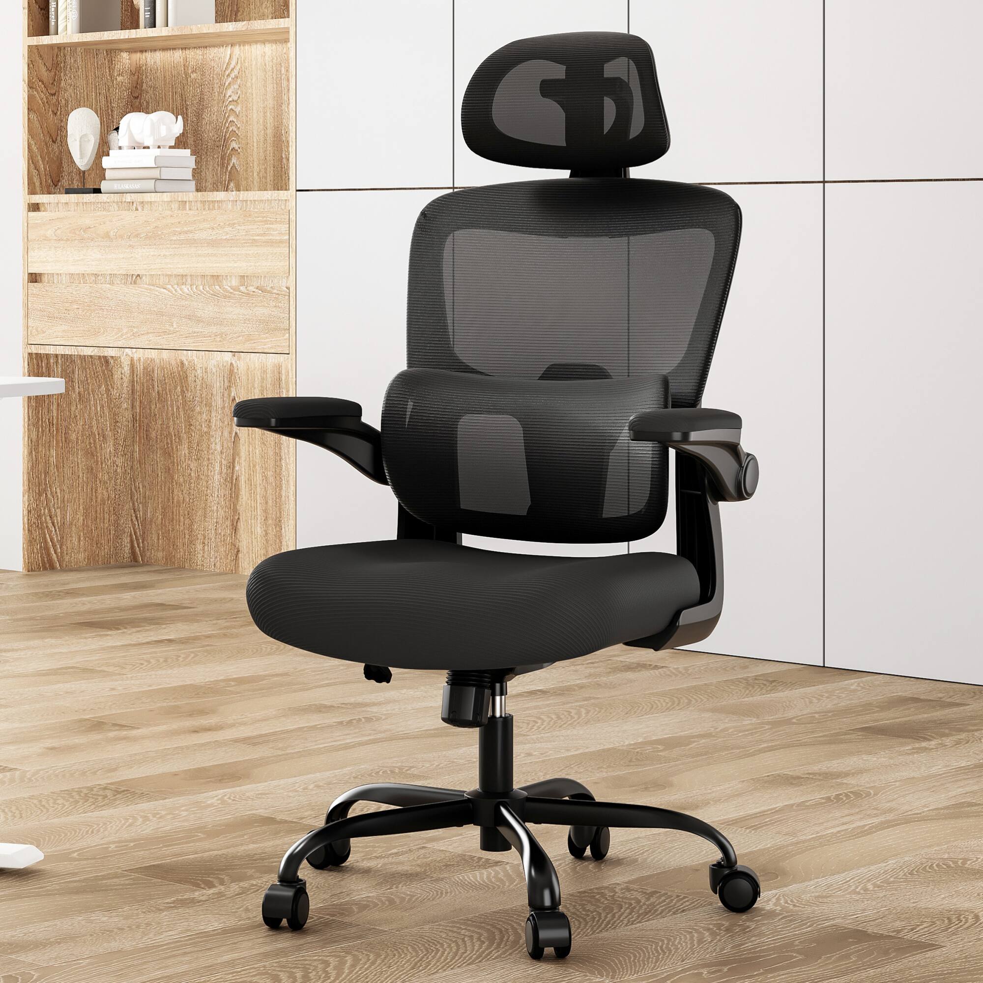 Back. GOODSILO - Ergonomic High Back Office Chair with Adjustable Lumbar Support and Flip-Up Armrests for Home and Workspaces - Black.