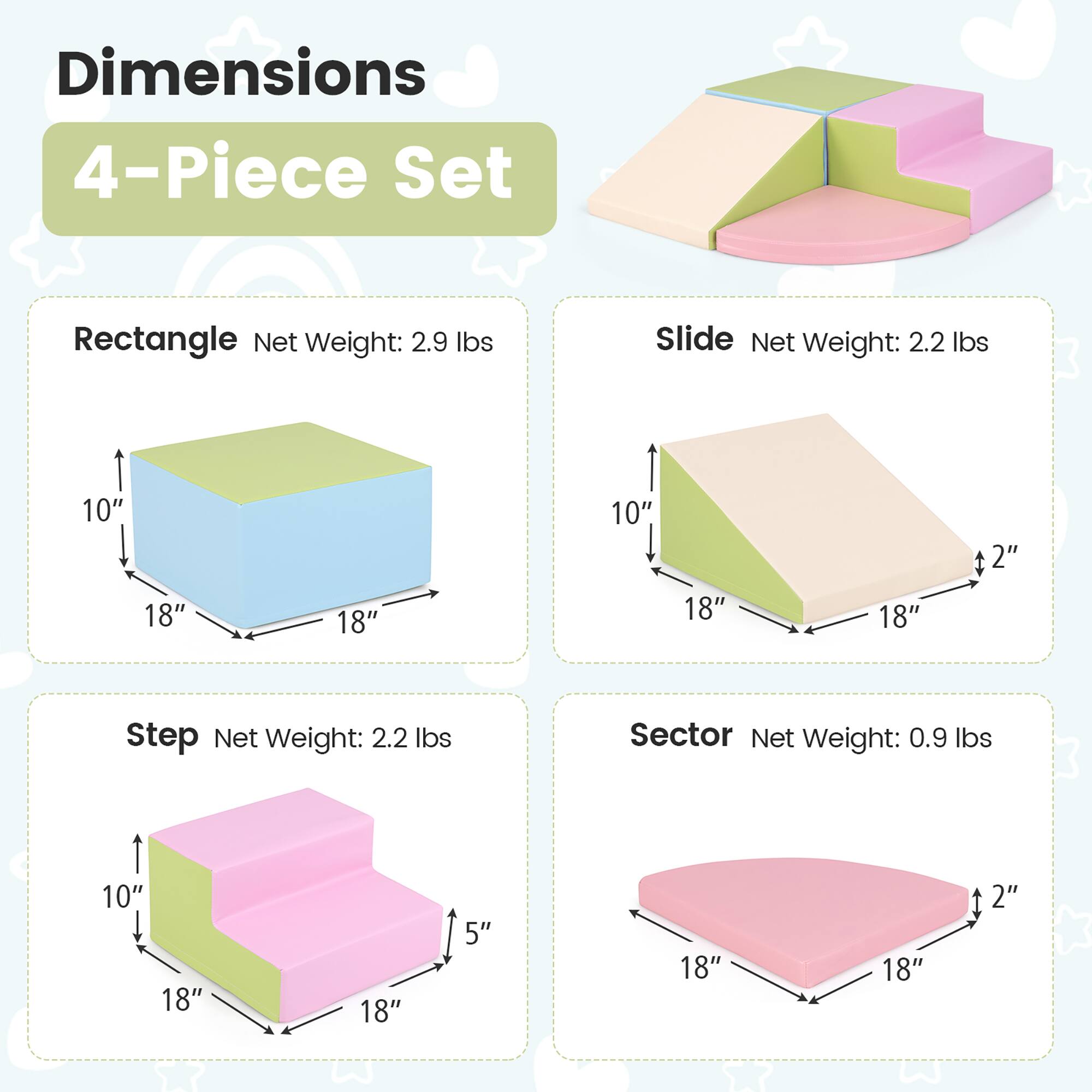 Dimensions  
4-Piece Set  

Rectangle  
Net Weight: 2.9 lbs  
10" x 18" x 18"  

Slide  
Net Weight: 2.2 lbs  
10" x 18" x 2"  

Step  
Net Weight: 2.2 lbs  
10" x 18" x 5"  

Sector  
Net Weight: 0.9 lbs  
18" x 18" x 2"