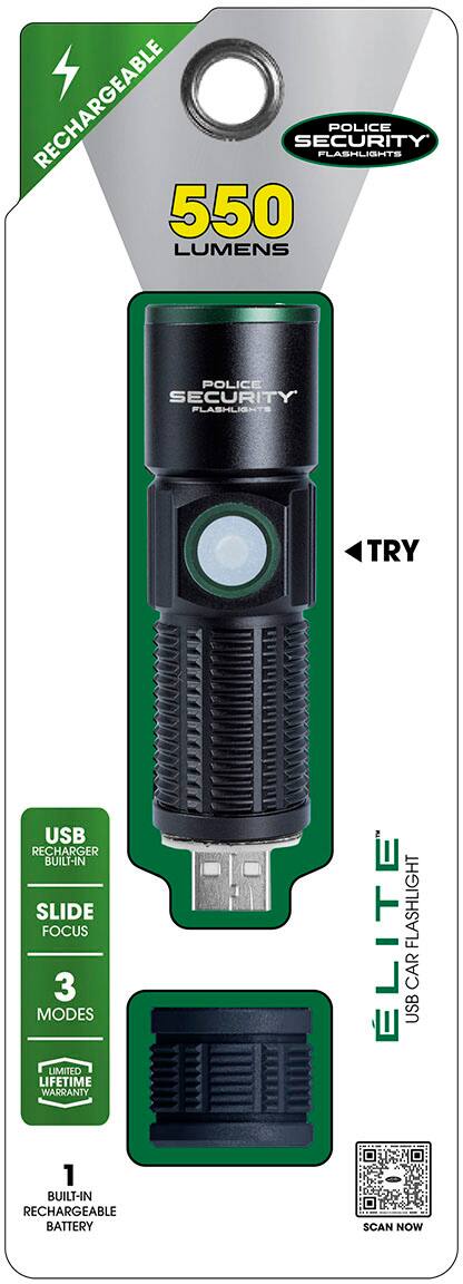 RECHARGEABLE SECURITY FLASHLIGHTS POLICE 550 LUMENS POLICE SECURITY FLASHLIGHTS TRY USB RECHARGER BUILT-IN SLIDE FOCUS 3 MODES LIMITED LIFETIME WARRANTY 1 BUILT-IN RECHARGEABLE BATTERY ELITE FLASHLIGHT CAR USB E SCAN NOW