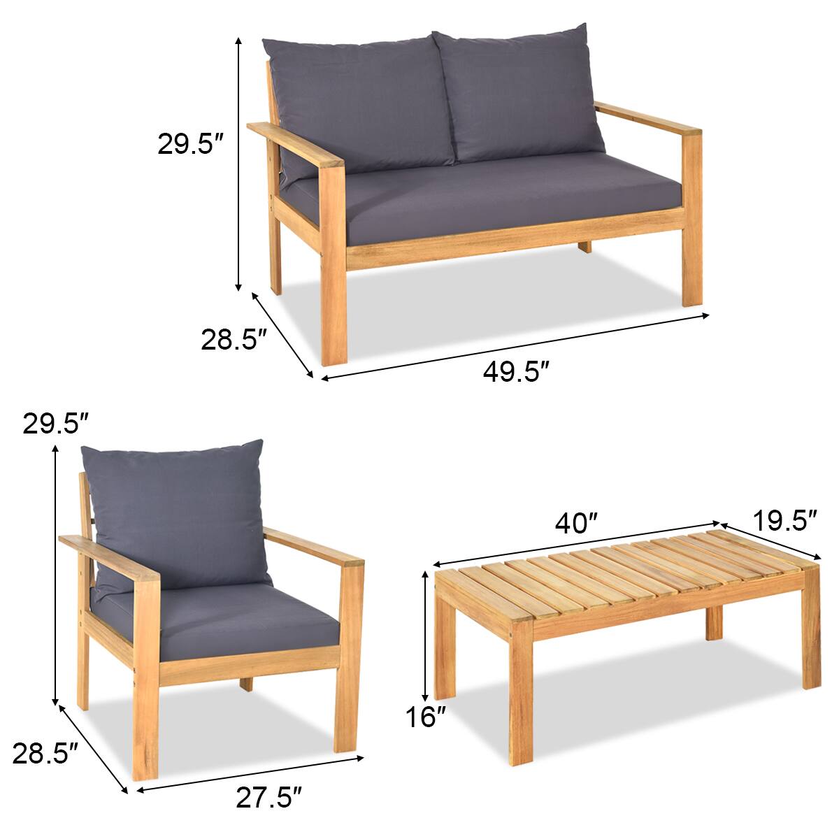 The text can be grouped as follows:

- Sofa dimensions: 29.5", 28.5", 49.5"
- Chair dimensions: 29.5", 28.5", 27.5"
- Ottoman dimensions: 40", 19.5", 16"