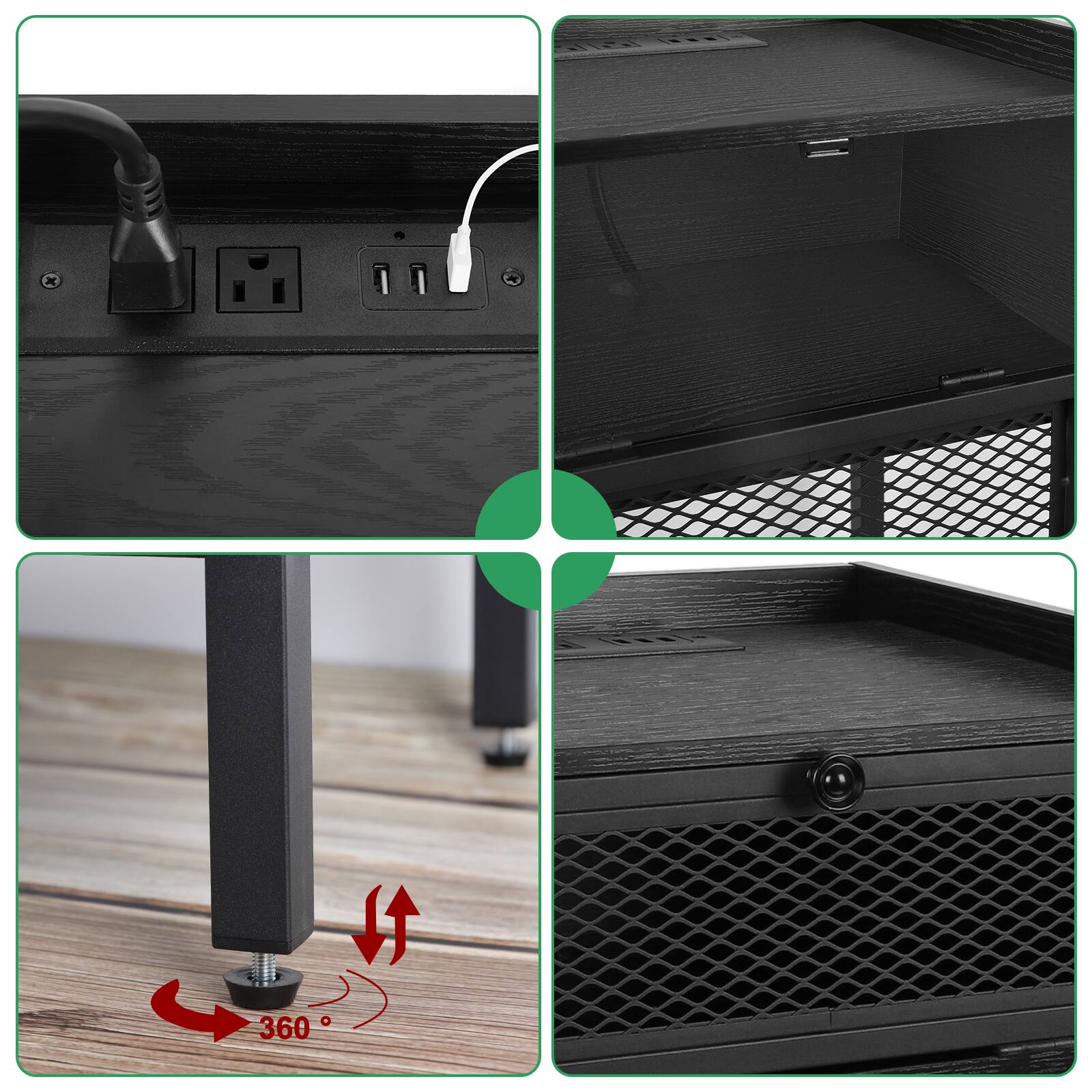 Back. Oumilen - Black Nightstand with Charging Station, Industrial End Table with Mesh Door and Power Outlets - Black.
