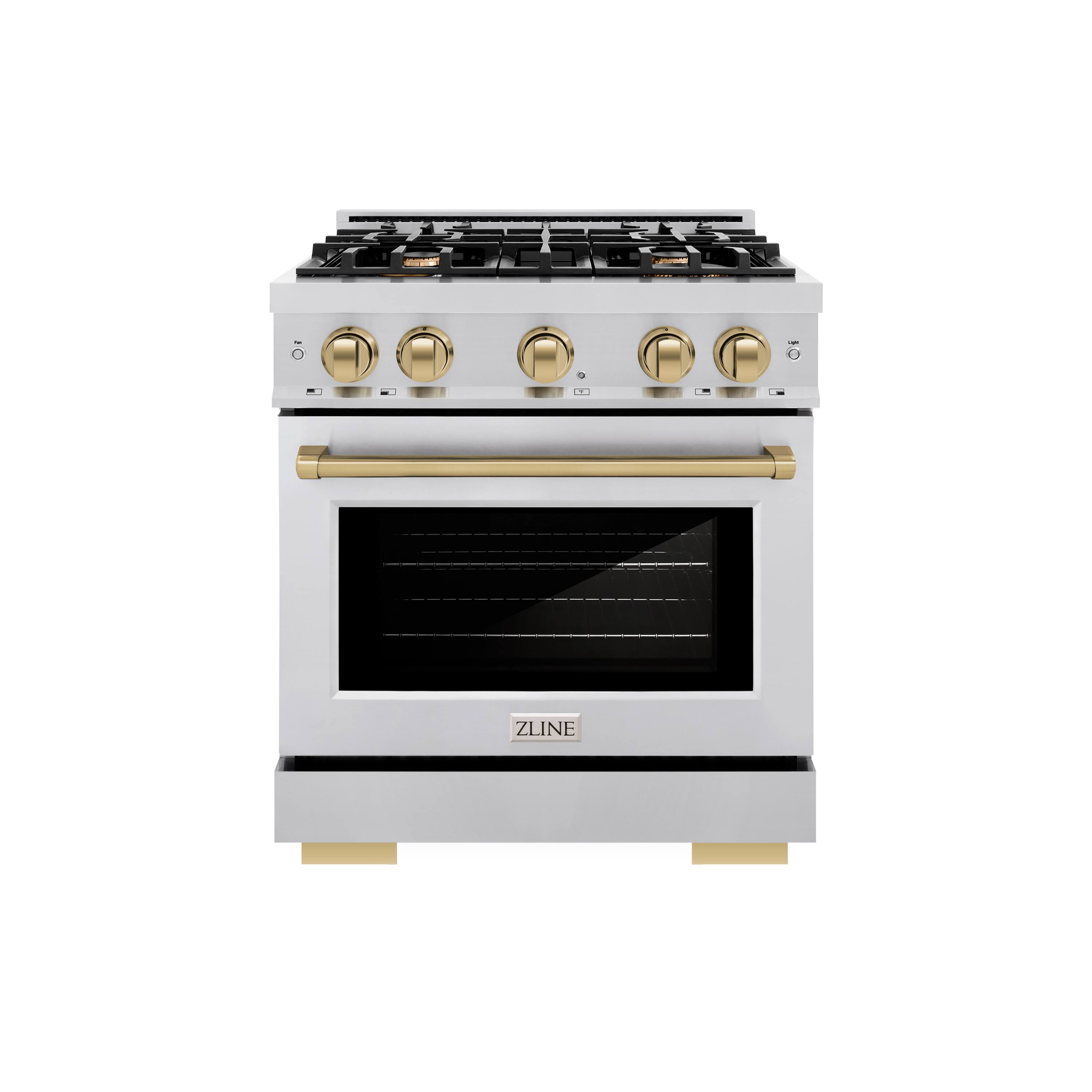 Angle. ZLINE - ZLINE Autograph 30 in. 4.2 cu. ft. Freestanding Select Gas Range w/ 4 Burners & Champagne Bronze Accents (HGRZ-30-CB) - Stainless Steel.