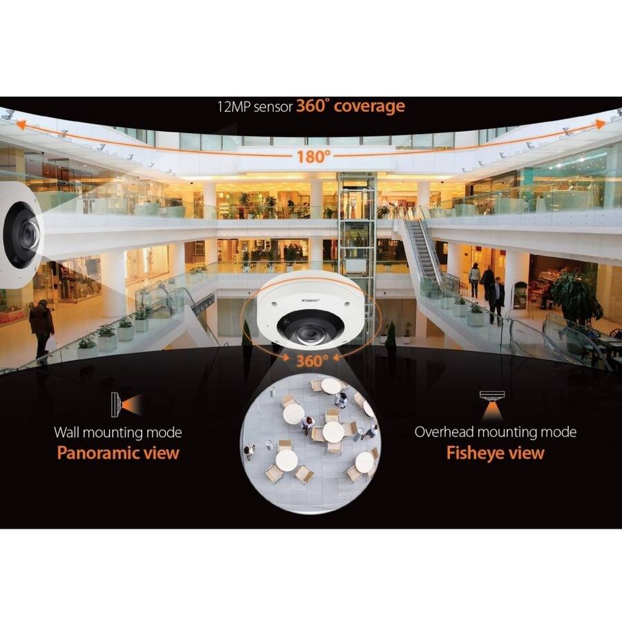 12MP sensor  
360° coverage  
180°  

Wall mounting mode  
Panoramic view  

Overhead mounting mode  
Fisheye view