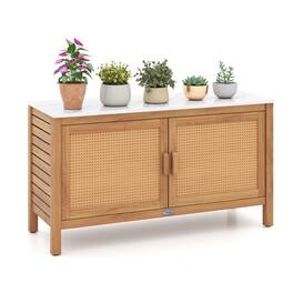 Gymax - Outdoor Acacia Wood Storage Cabinet Outside Tool Cabinet with Fax Marble Top - Yellow