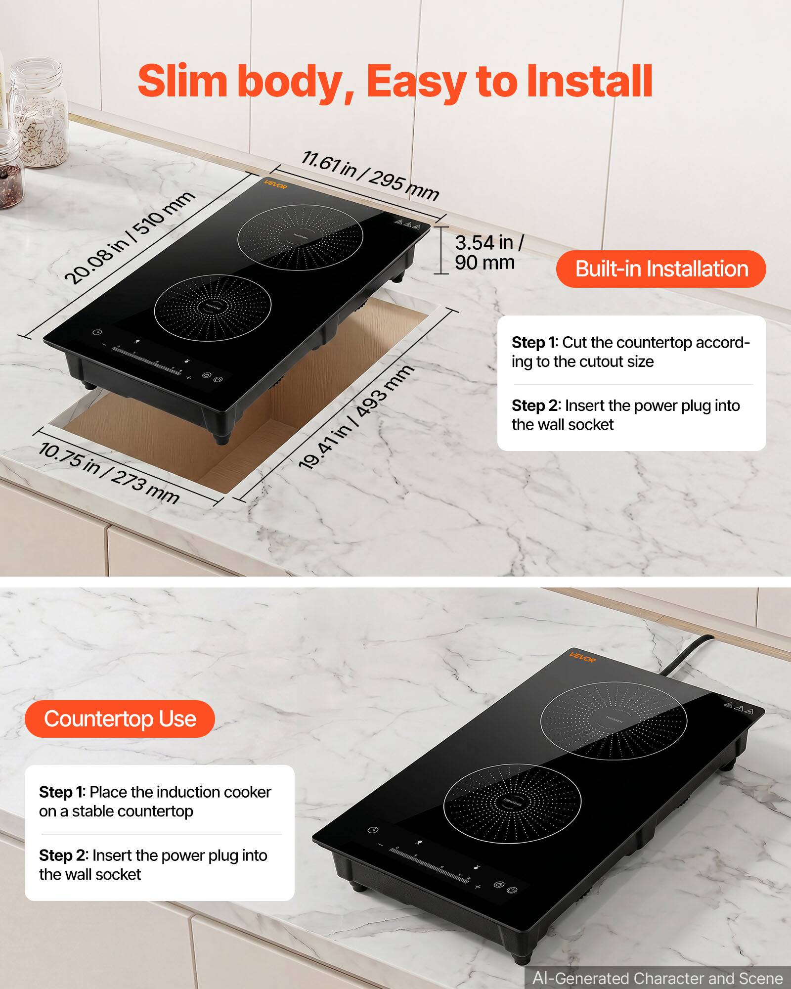 Slim body, Easy to Install

mm 510 in 20.08
11.61 in / VEVOR 295 mm 3.54 in 90 mm
Built-in Installation
10.75 in / 273 mm
mm I 493 in 19

Step 1: Cut the countertop according to the cutout size
Step 2: Insert the power plug into the wall socket

VEVOR

Countertop Use

Step 1: Place the induction cooker on a stable countertop
Step 2: Insert the power plug into the wall socket
