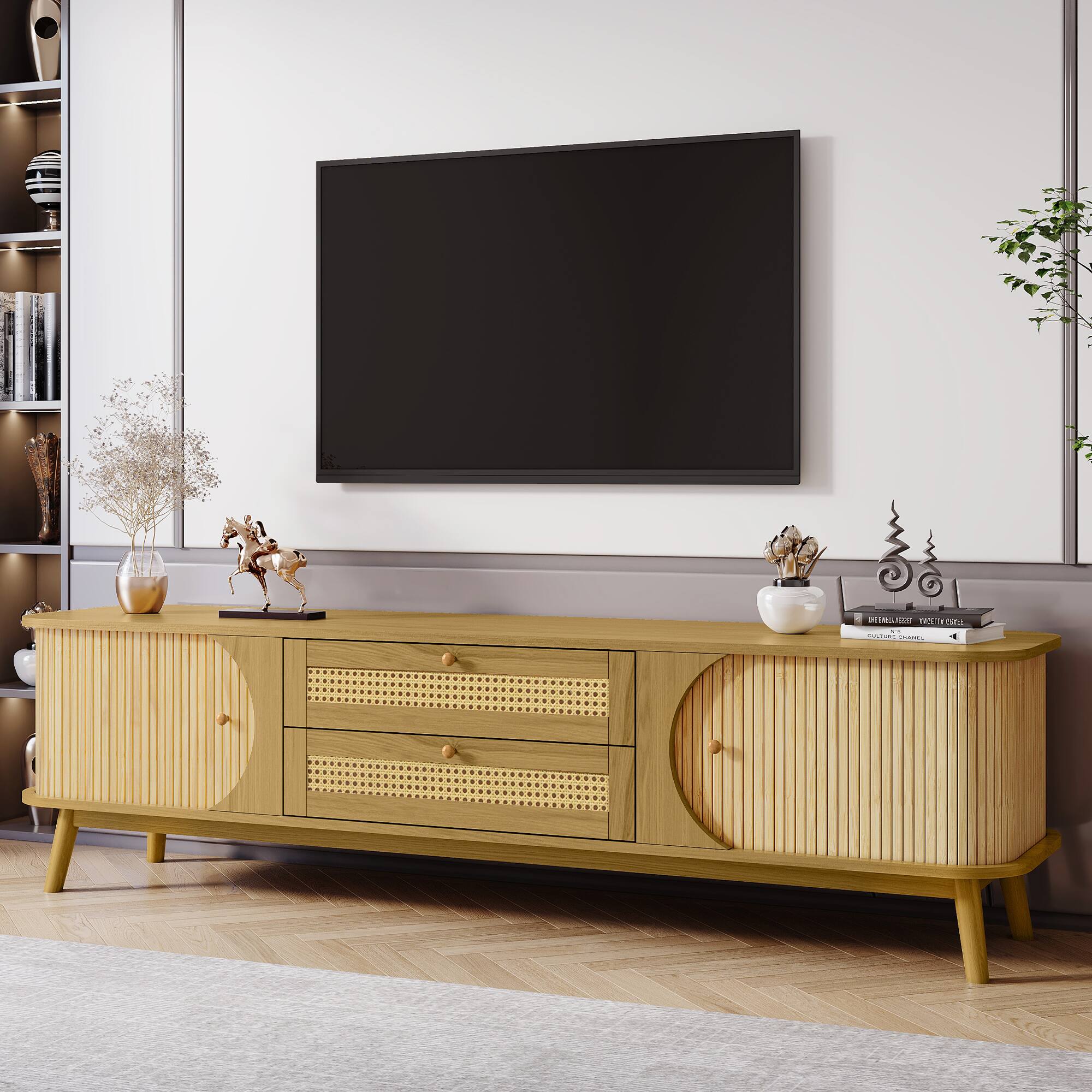 Left. Z-Edge - Mid Century TV Stand for TVs up to 75 Inches, Entertainment Center with 2 Drawers, Fluted Sliding Doors for Living Room - Natural.