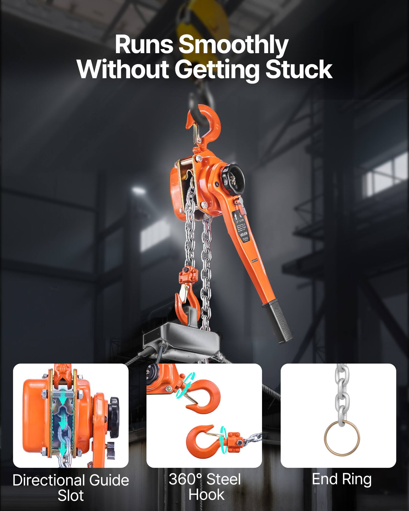 Runs Smoothly Without Getting Stuck

- Directional Guide Slot
- 360° Steel Hook
- End Ring