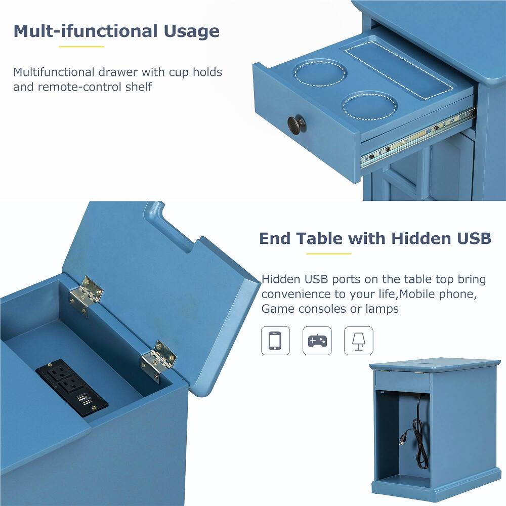 Multifunctional Usage

Multifunctional drawer with cup holds and remote-control shelf

End Table with Hidden USB

Hidden USB ports on the table top bring convenience to your life, Mobile phone, Game consoles or lamps