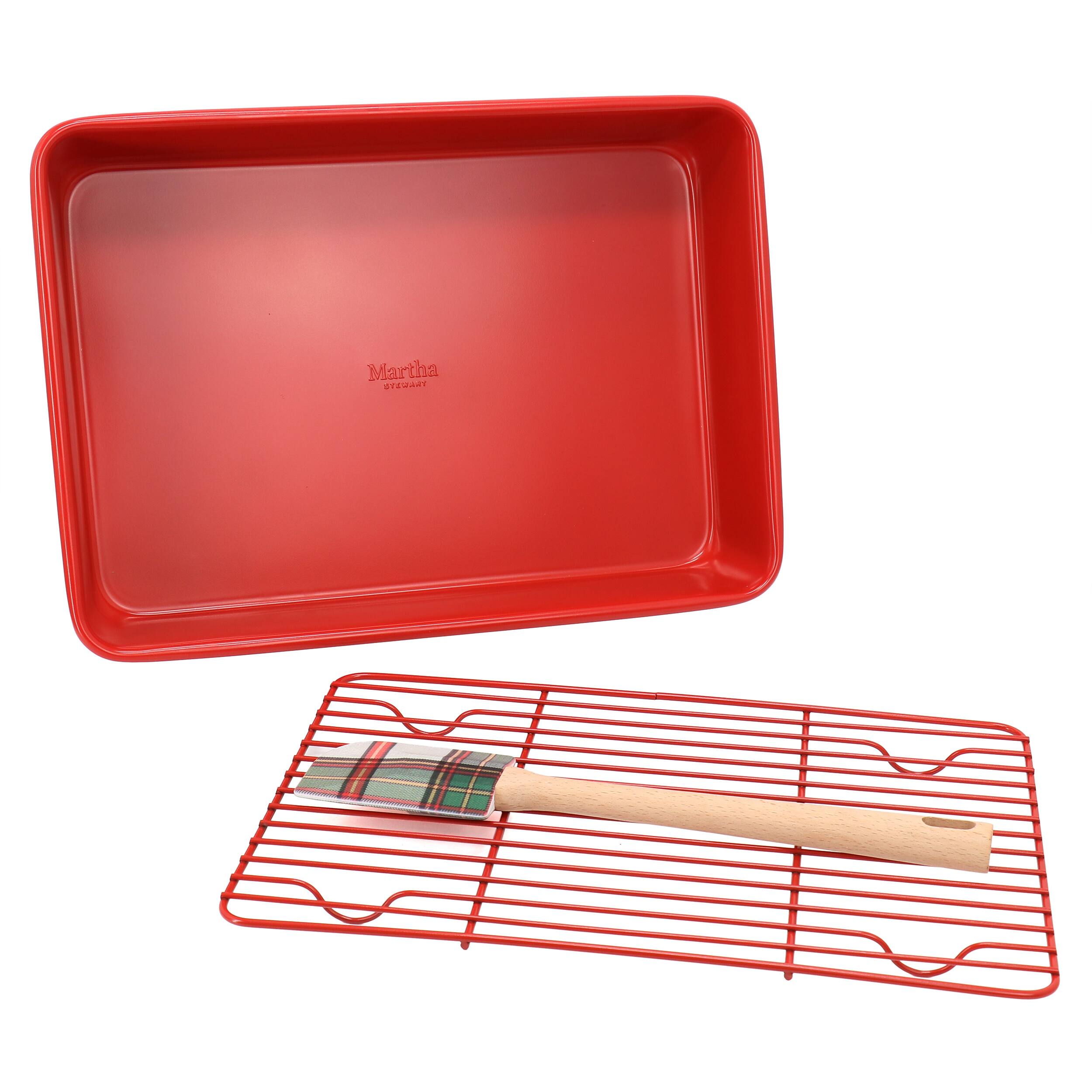 Front. Martha Stewart - Martha Stewart 3 Piece Carbon Steel Bakeware Set in Red and Plaid - Plaid Red.