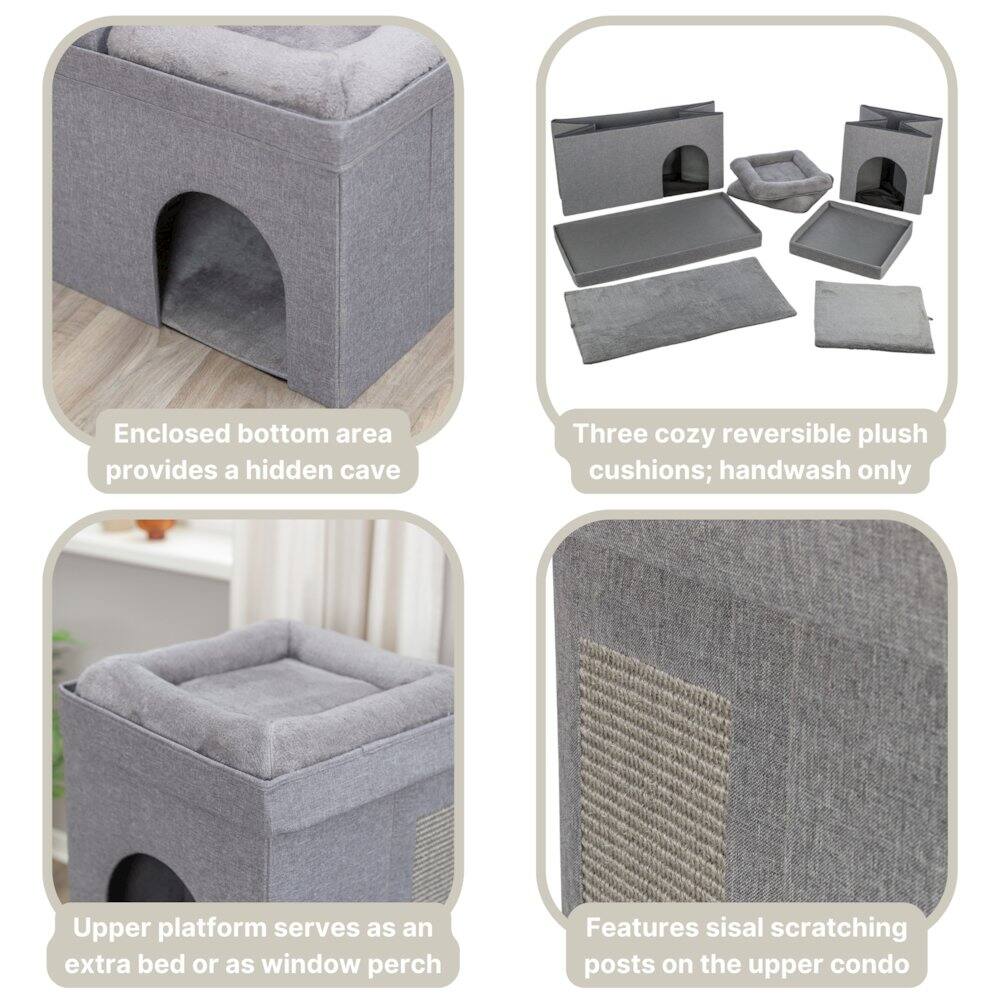 Enclosed bottom area provides a hidden cave  
Three cozy reversible plush cushions; handwash only  
Upper platform serves as an extra bed or as window perch  
Features sisal scratching posts on the upper condo