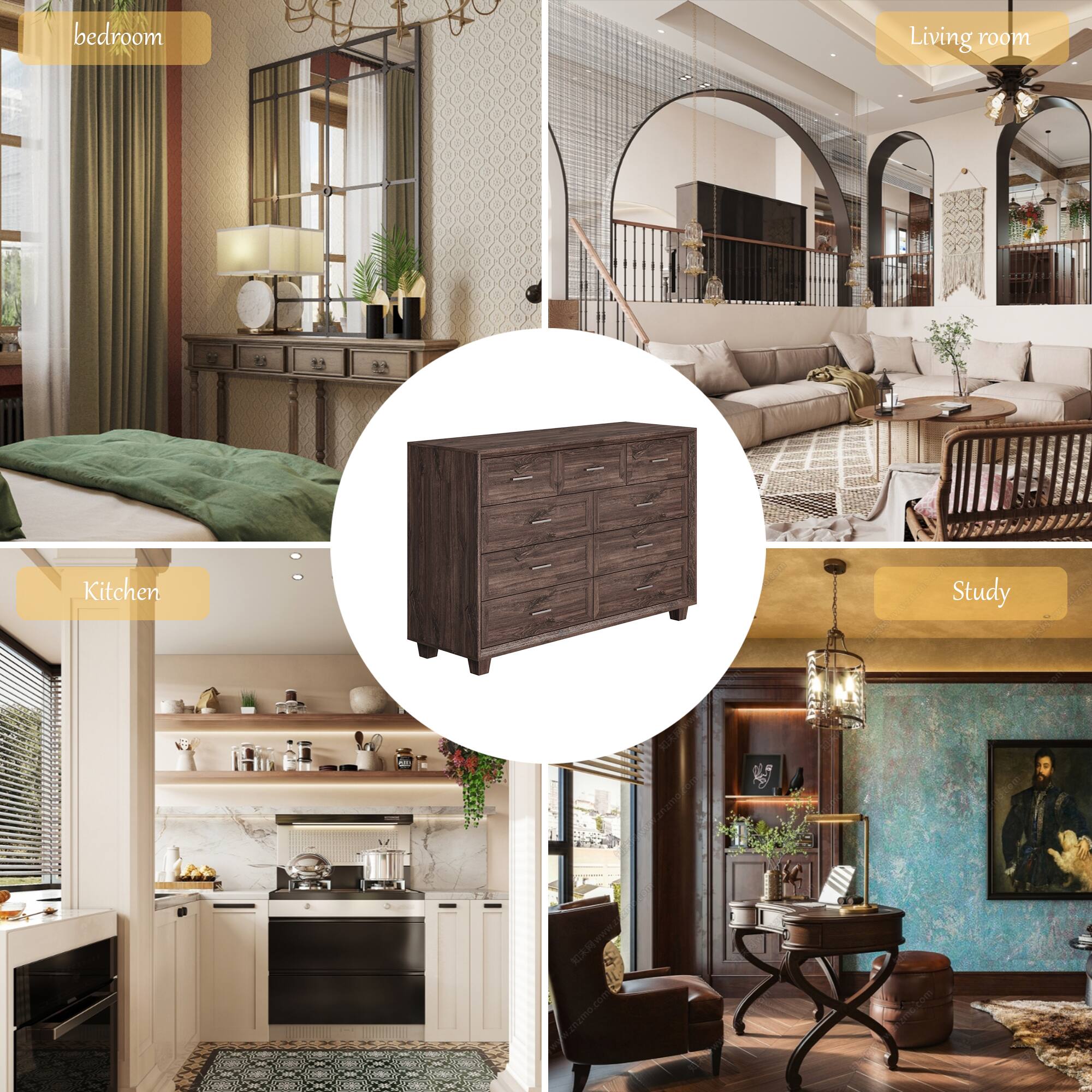 bedroom, Living room, Kitchen, Study