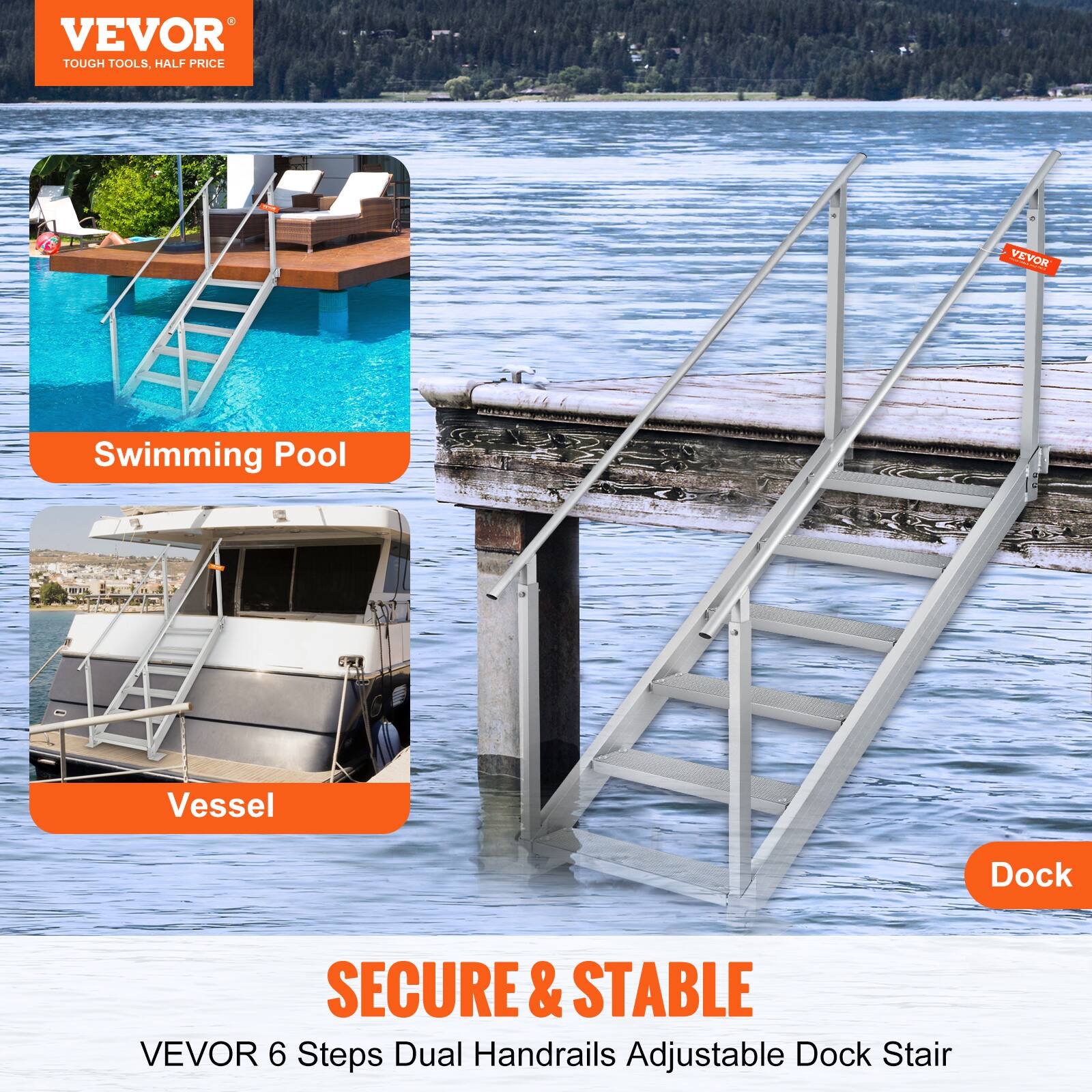 VEVOR TOUGH TOOLS. HALF PRICE VEVOR Swimming Pool Vessel Dock SECURE & STABLE VEVOR 6 Steps Dual Handrails Adjustable Dock Stair