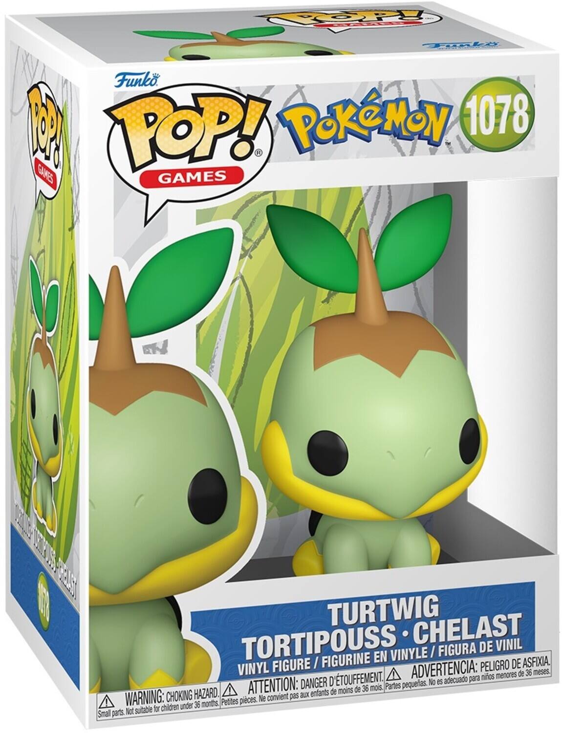 Sure, here is the corrected and grouped text from the image:

---

**Funko POP! GAMES**

**Pokémon 1078**

**Turtwig**

**Tortipouss - Chelast**

**VINYL FIGURE / FIGURINE EN VINYLE / FIGURA DE VINIL**

**WARNING: CHOKING HAZARD. Small parts. Not suitable for children under 36 months.**

**ATTENTION: DANGER D'ÉTOUFFEMENT. Petites pièces. Ne convient pas aux enfants de moins de 36 mois.**

**ADVERTENCIA: PELIGRO DE ASFIXIA. Partes pequeñas. No es adecuado para niños menores de 36 meses.**

---

This text is organized to reflect the information on the packaging.