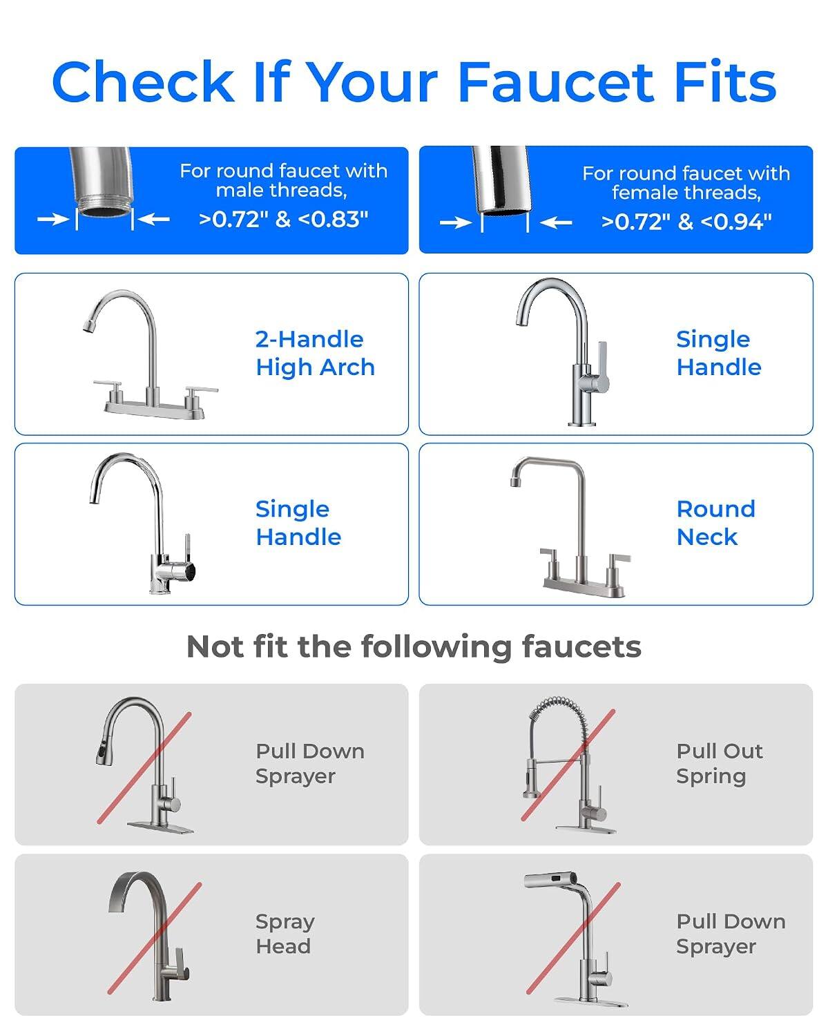 Check If Your Faucet Fits

For round faucet with male threads, >0.72" & <0.83"
For round faucet with female threads, >0.72" & <0.94"

2-Handle High Arch
Single Handle
Single Handle
Round Neck

Not fit the following faucets
Pull Down Sprayer
Pull Out Spring
Spray Head
Pull Down Sprayer