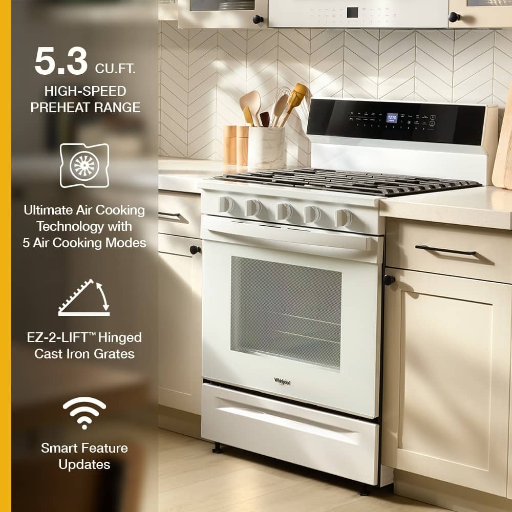 5.3 CU.FT.
HIGH-SPEED PREHEAT RANGE
Ultimate Air Cooking Technology with 5 Air Cooking Modes
EZ-2-LIFT™ Hinged Cast Iron Grates
Smart Feature Updates
