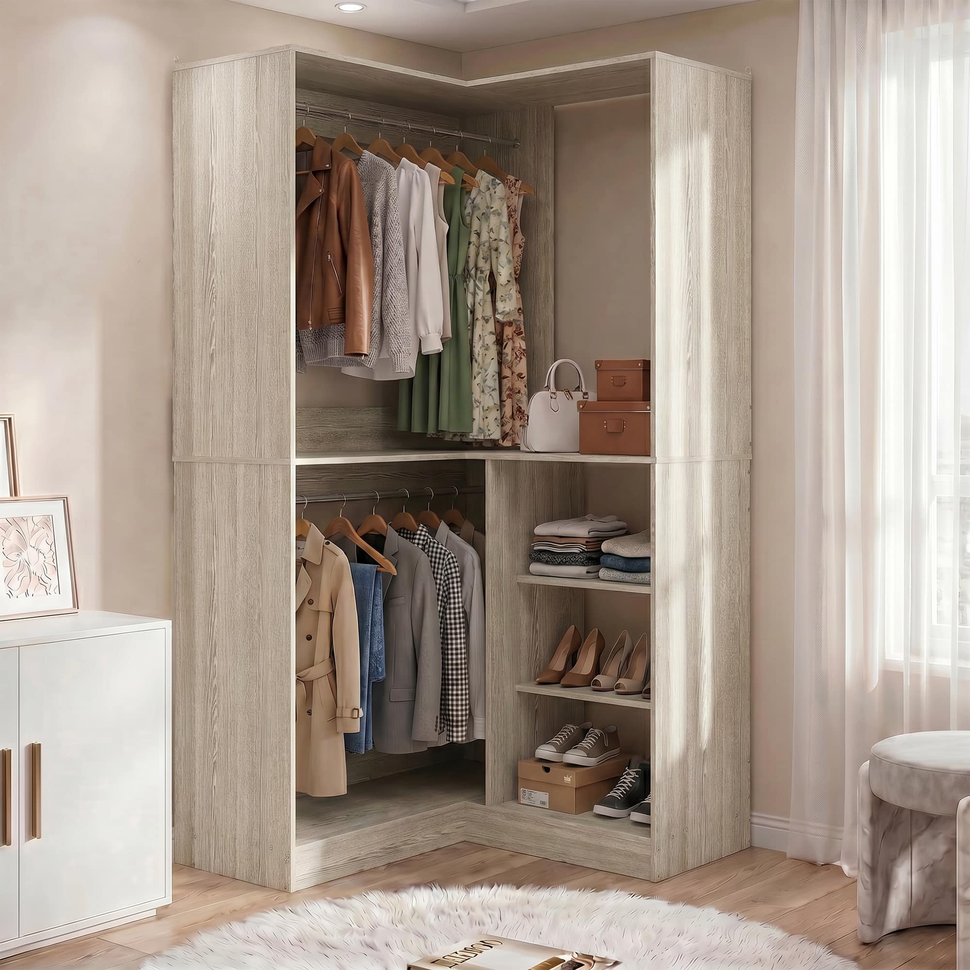 Aheaplus - 36'' Corner Closet System with Hanging Rods and Shelves, Large Sturdy Corner Storage Unit - Beige Oak