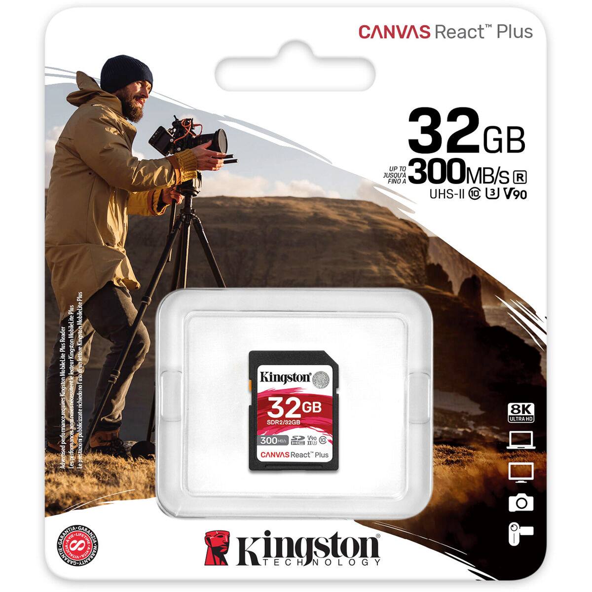 CANVAS React™ Plus  
32GB  
UP TO 300MB/S  
JUSQU'À 300MB/S  
FINO A 300MB/S  
UHS-II  
V90  

Reader Plus  
MobileLite Kingston  

Kingston 32GB SDR2/32GB V90 300MB/S CANVAS React™ Plus  
8K ULTRAHD  

Kingston TECHNOLOGY