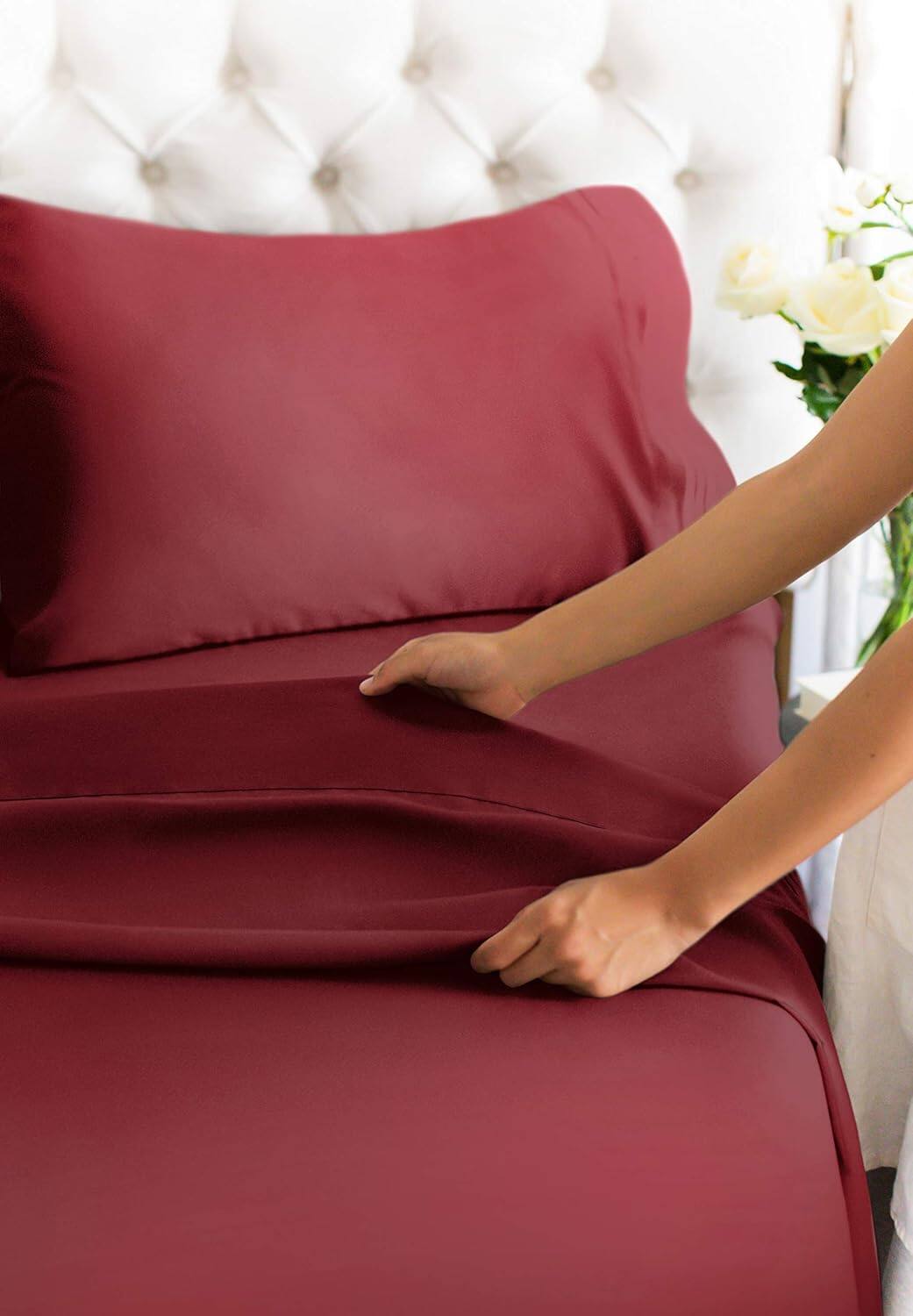 Back. CGK Linens - 100% Cotton 400 TC 4 Piece Sheet Set - Extra Deep Pocket for 18"-24" Mattresses - Twin - Burgundy.
