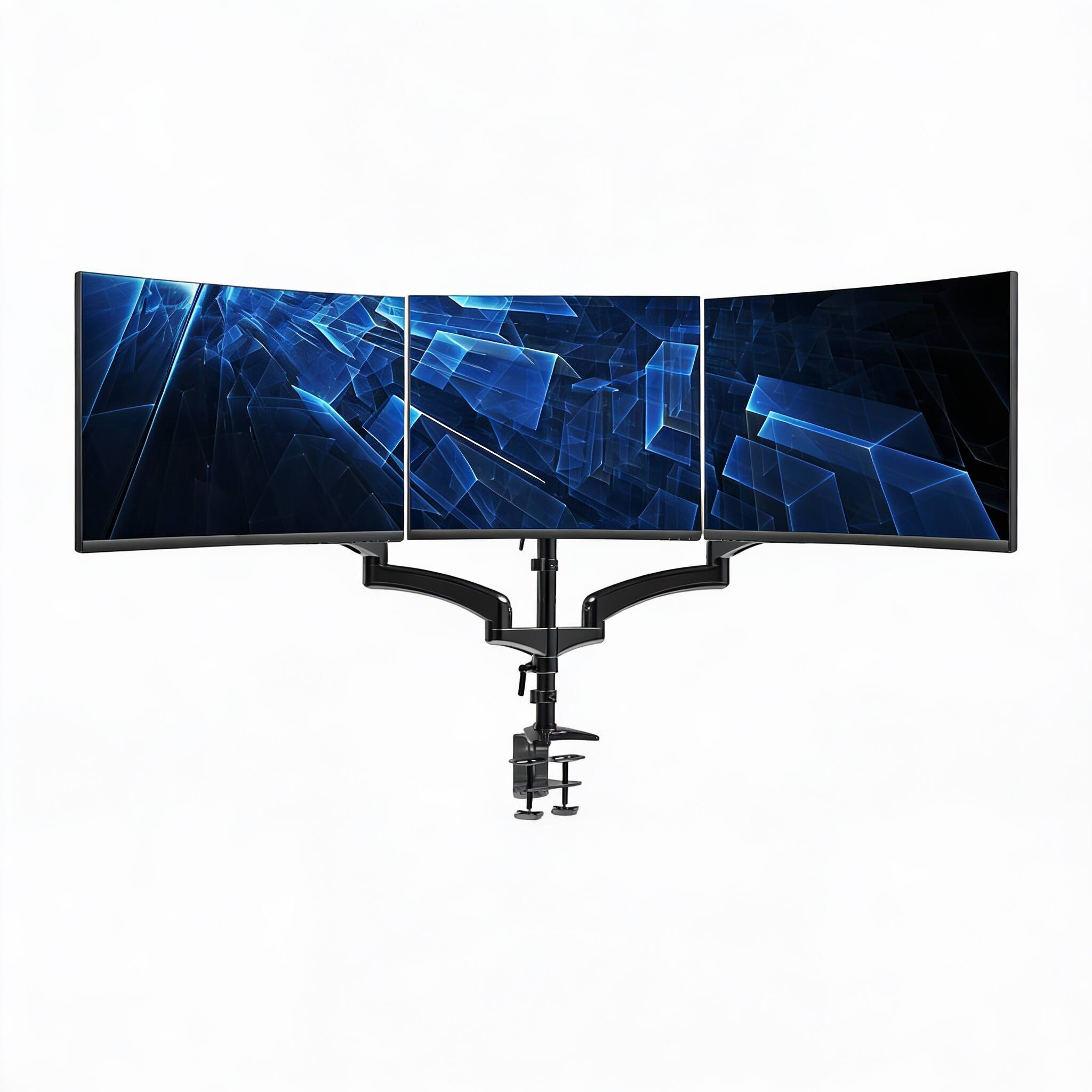 Front. Frangdom - Black Triple Pneumatic Monitor Mount 32in Heavy Duty C-Clamp Grommet - Black Triple Mount.