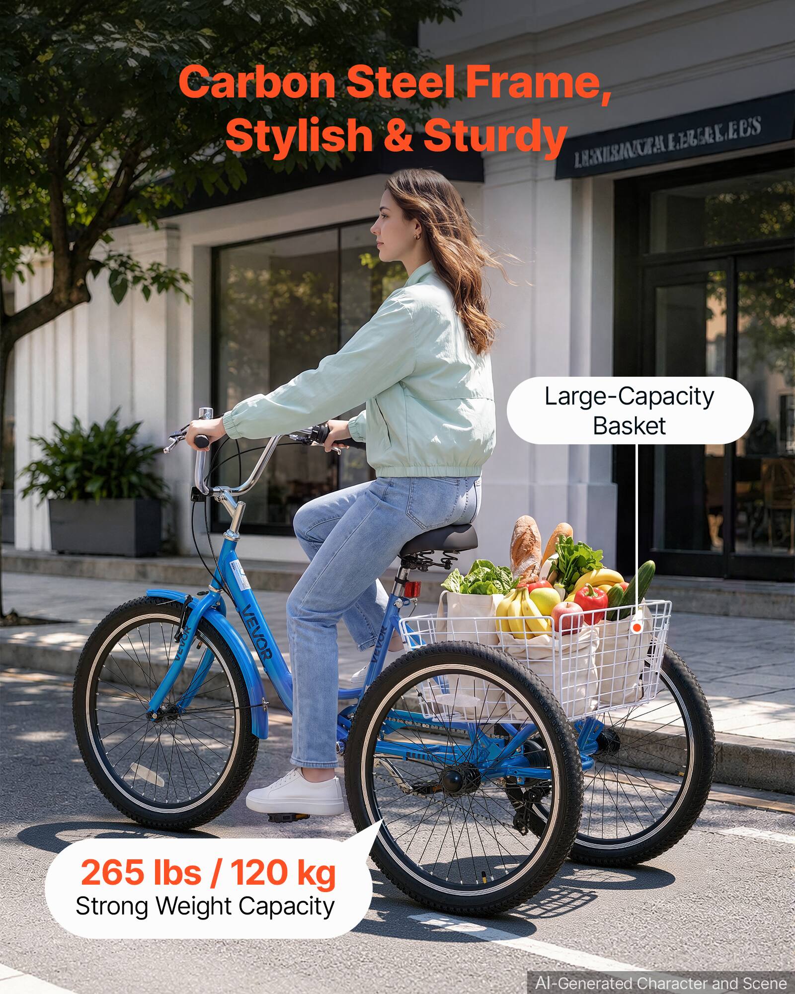 Carbon Steel Frame, Stylish & Sturdy

Large-Capacity Basket

265 lbs / 120 kg Strong Weight Capacity

AI-Generated Character and Scene