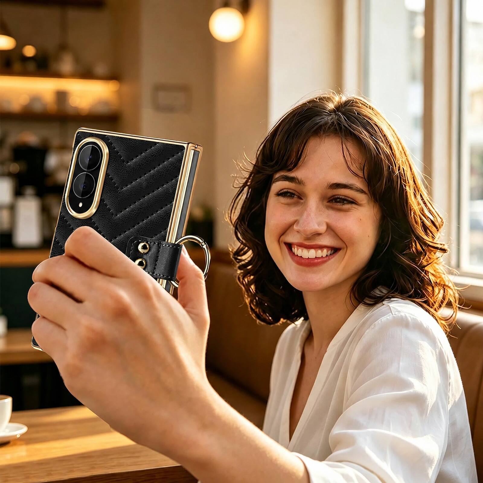 Alt View 1. Dteck - Shockproof Leather Texture Case for Samsung Galaxy Z Fold8 with Ring, Hard PC Electroplated Cover Built in Glass Film - Black.