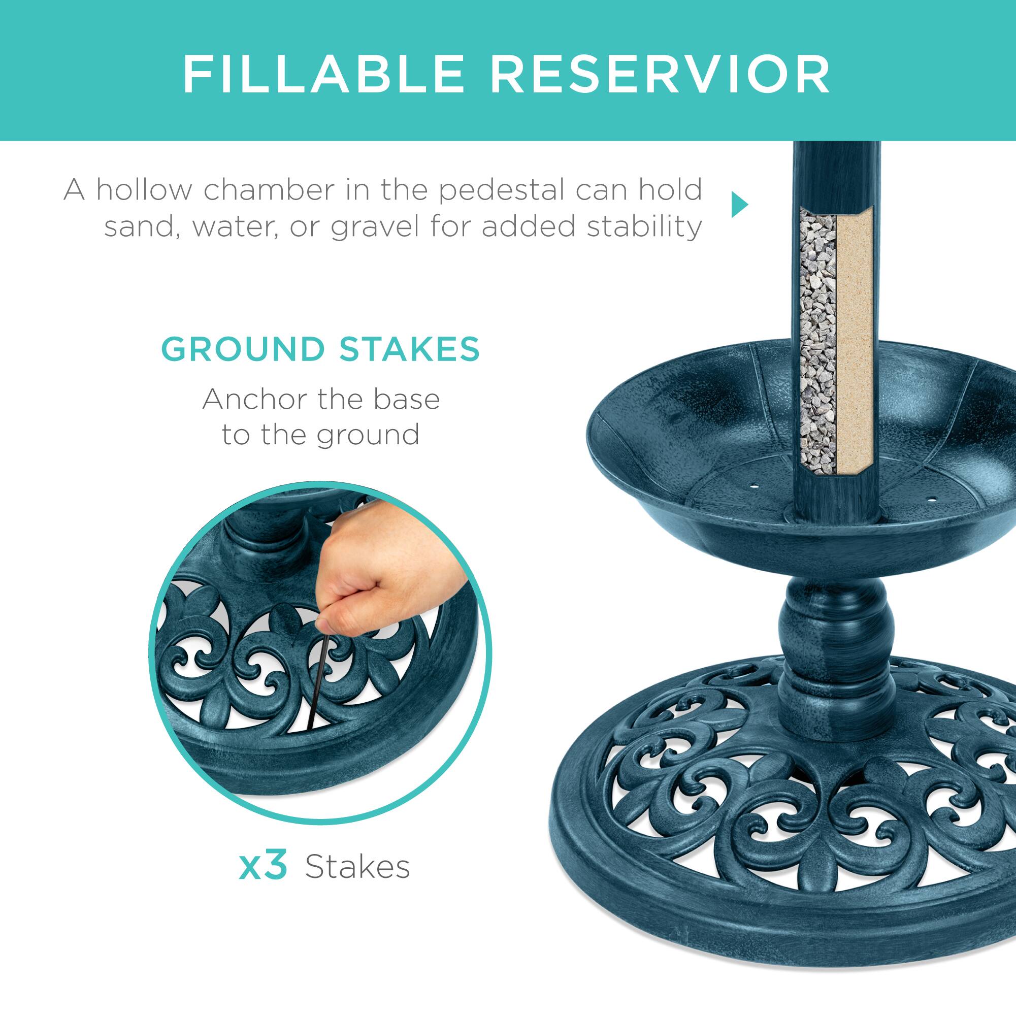 FILLABLE RESERVIOR  
A hollow chamber in the pedestal can hold sand, water, or gravel for added stability  

GROUND STAKES  
Anchor the base to the ground  

x3 Stakes