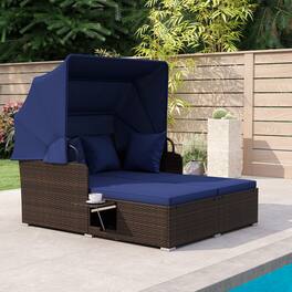 Gymax - Patio Rattan Daybed Lounge Retractable Top Canopy Side Tables Cushions for Outdoor Navy - Blue