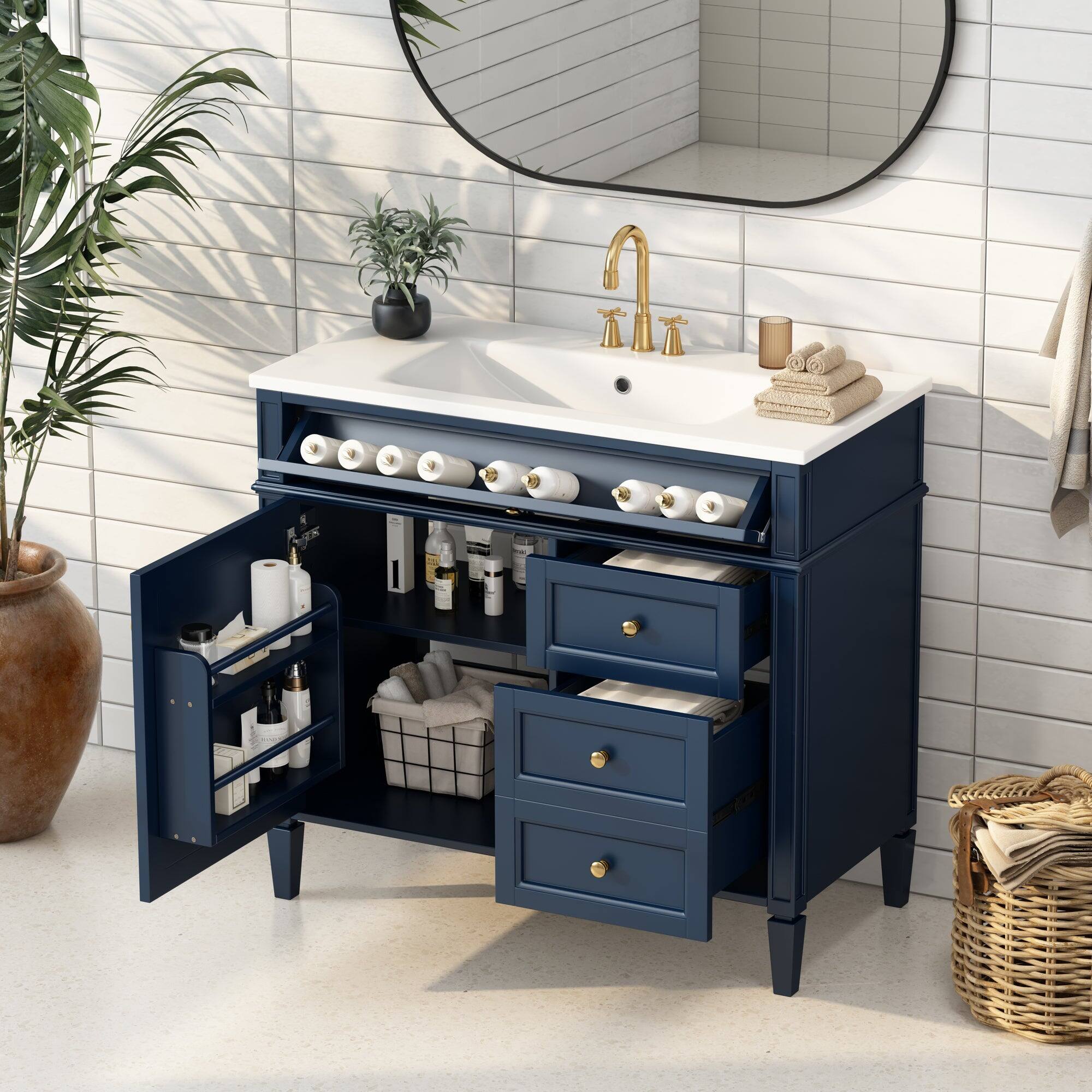Alt View 2. Boyel Living - 36 Inch Modern Bathroom Vanity with Resin Sink Two Drawers Tip Out Blue - Blue.