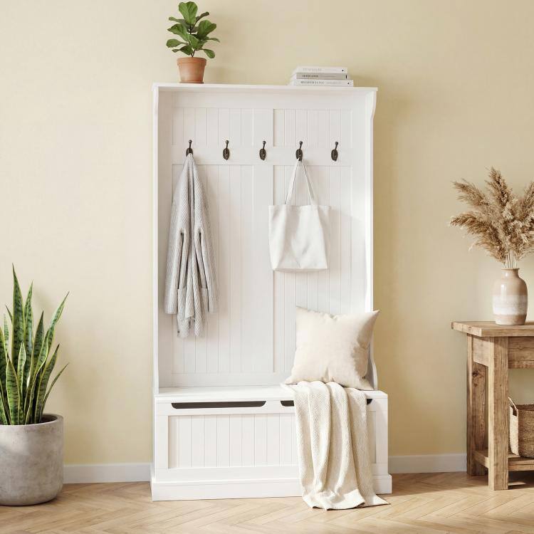 Alt View 7. PULUZ - 3-In-1 Entryway Bench with Coat Rack, Hall Tree with Bench and Shoe Storage, 5 Hooks for Hallway - Cream White.