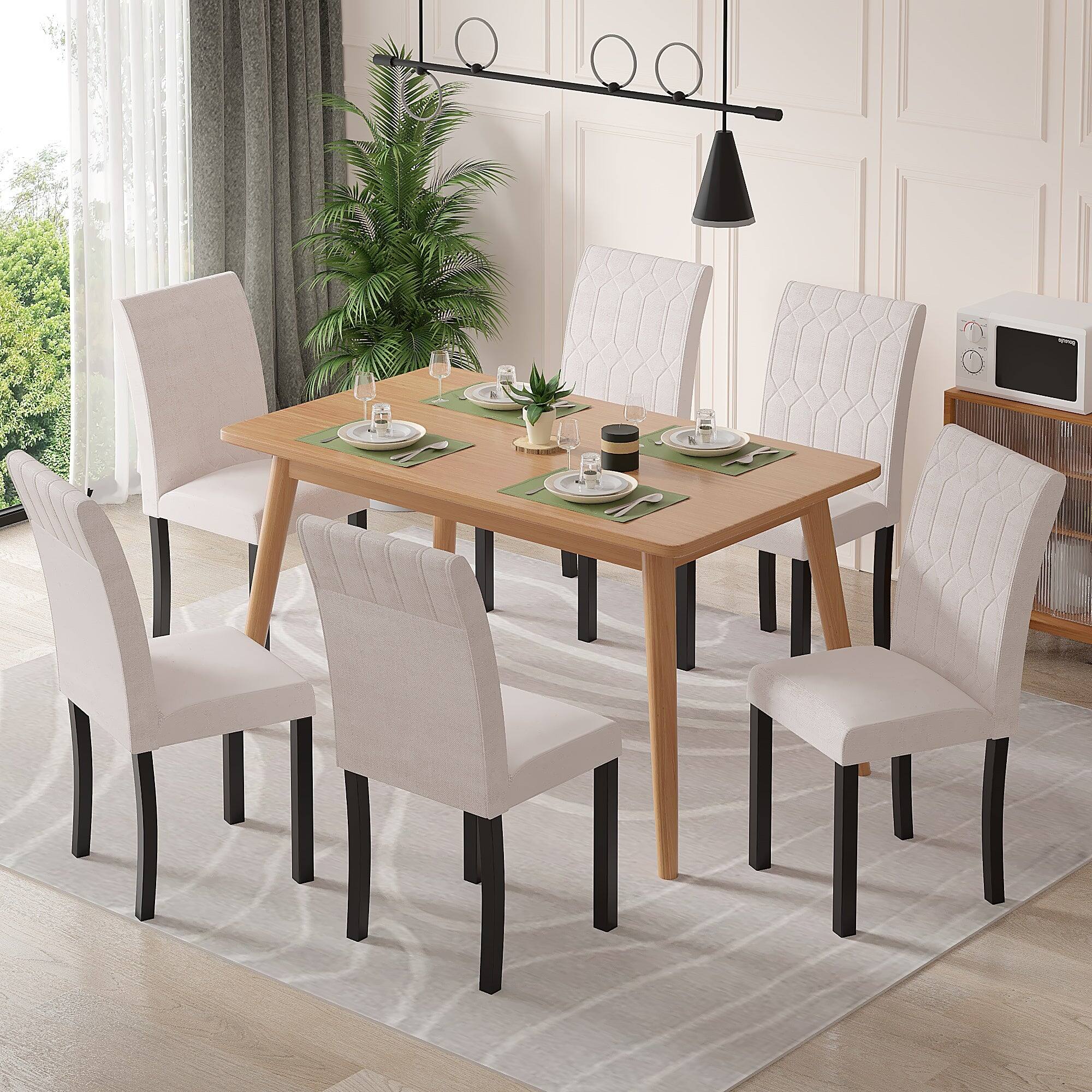 Back. Vecelo - Set of 4 PU Leather Dining Chairs  - Ergonomic High Back Chairs With Solid Wood Legs - Beige.