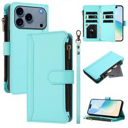 Dteck - Crossbody Wallet Case for Apple iPhone 17 Pro, Shockproof Zipper PU Leather Flip Stand Cover with 9 Card Slots - Mint