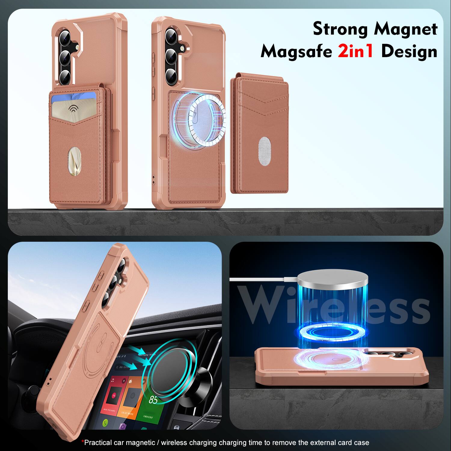 Strong Magnet Magsafe 2in1 Design Wireless

Practical car magnetic / wireless charging charging time to remove the external card case
