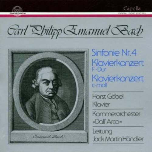Certainly! Here is the corrected and grouped text:

---

**OOC THOROFON**

**Capella**

**Carl Philipp Emanuel Bach**

**Sinfonie Nr. 4  
Klavierkonzert F-Dur  
Klavierkonzert c-moll**

**Horst Göbel**  
Klavier

**Kammerorchester Dall'Arco**  
Leitung: Jack Martin Händler

---

This text appears to be the cover of a music album featuring works by Carl Philipp Emanuel Bach, performed by Horst Göbel and the Kammerorchester Dall'Arco, conducted by Jack Martin Händler.