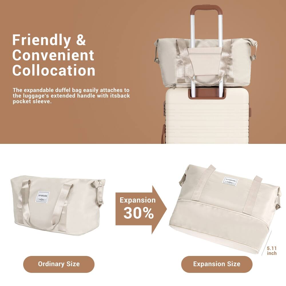 Friendly & Convenient Collocation

The expandable duffel bag easily attaches to the luggage's extended handle with its back pocket sleeve.

Amplinite
Amalade

Expansion 30%
5.11 inch
Ordinary Size
Expansion Size