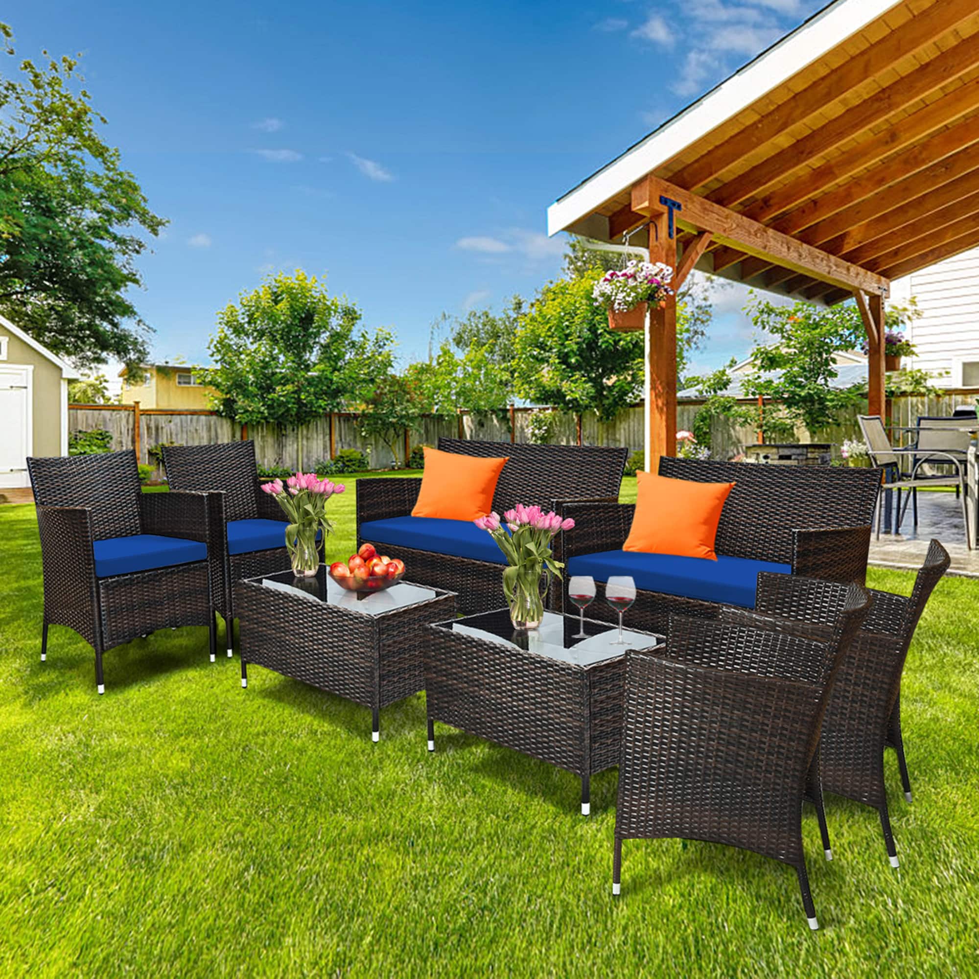 Gymax - 8PCS Patio Rattan Conversation Furniture Set Outdoor w/ Cushion - Navy price history on PriceWatchPro