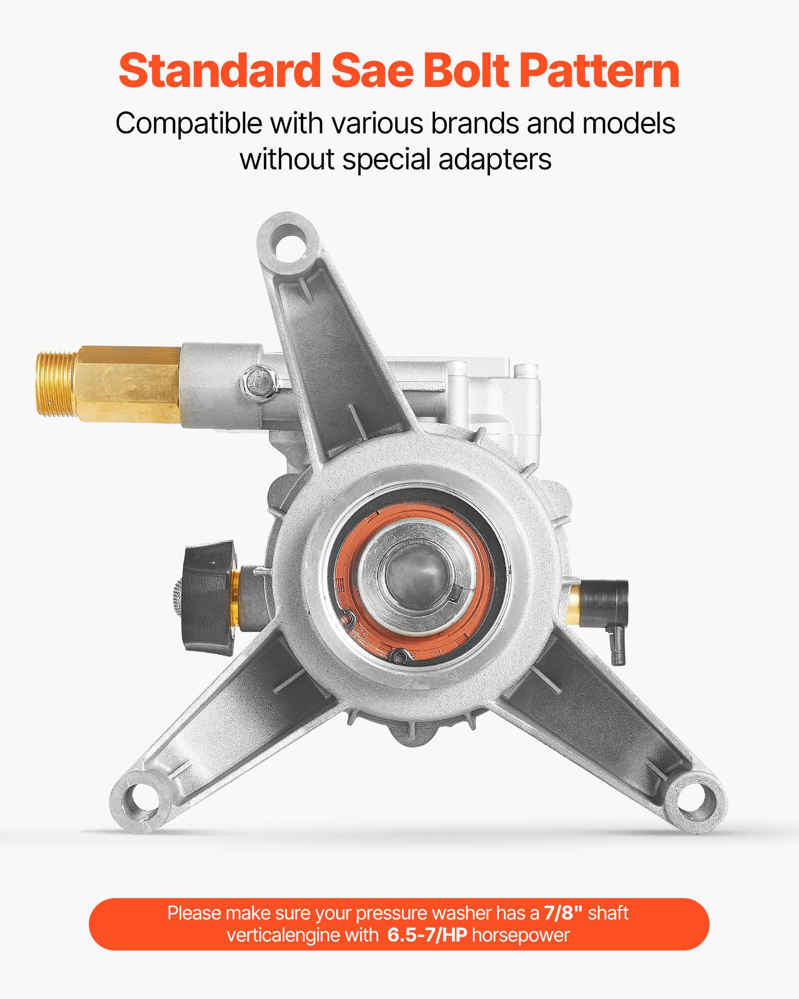 Standard Sae Bolt Pattern  
Compatible with various brands and models without special adapters  

Please make sure your pressure washer has a 7/8" shaft vertical engine with 6.5-7/HP horsepower