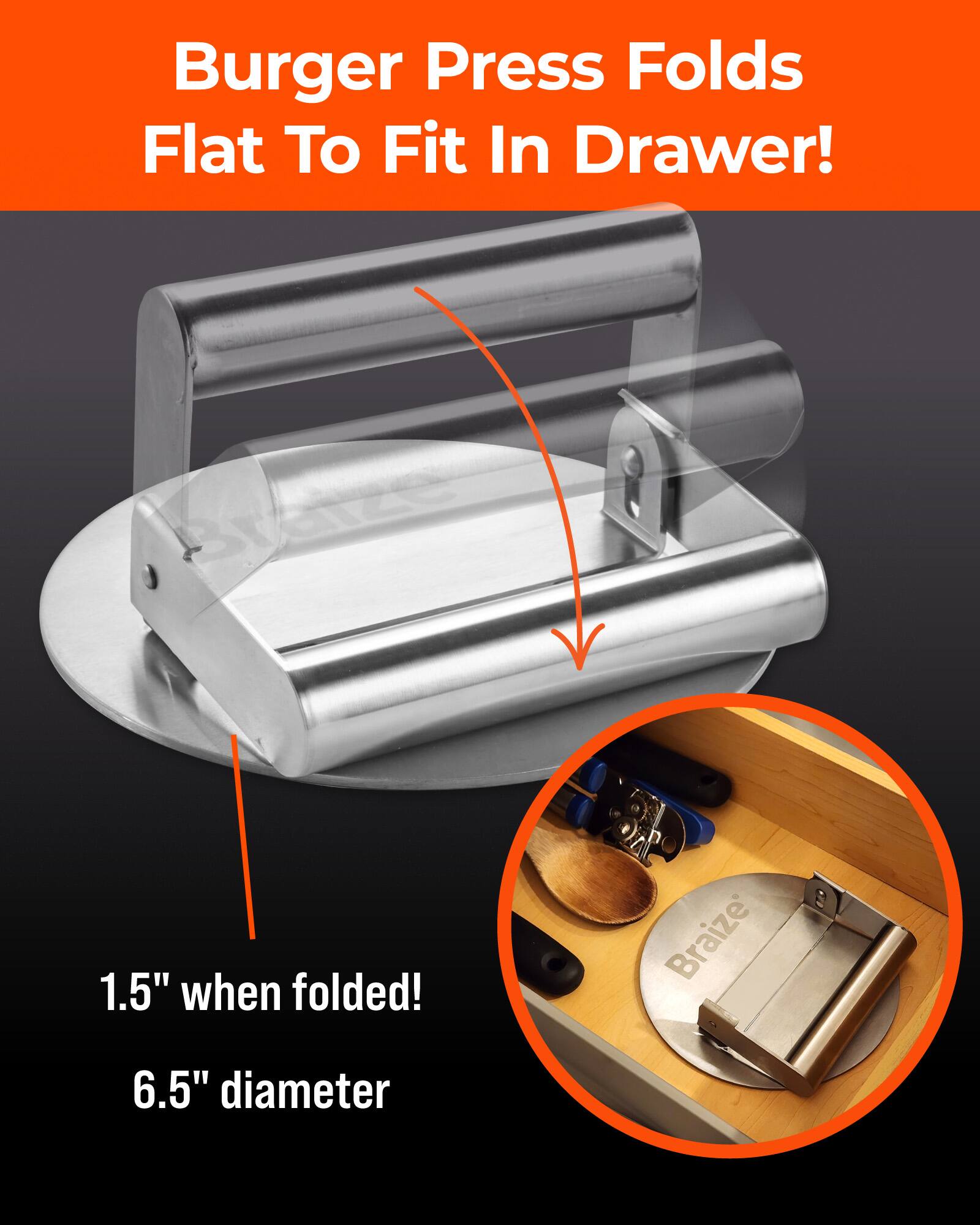 Burger Press Folds Flat To Fit In Drawer!  
1.5" when folded!  
6.5" diameter