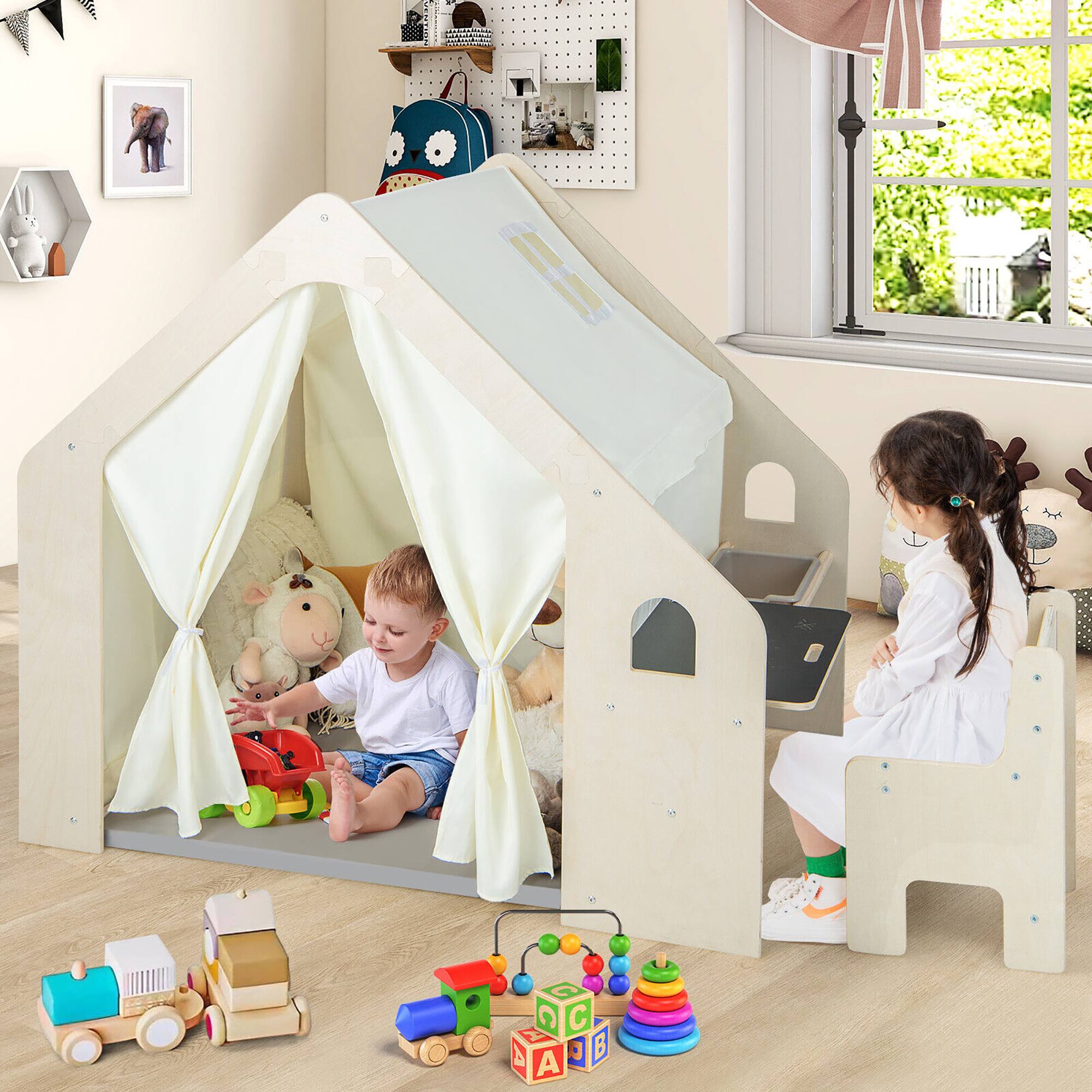 Alt View 3. Gymax - Gymax 6-in-1 Kids Playhouse Wooden Indoor Play Tent w/ Blackboard Desk Table Chair - Natural.