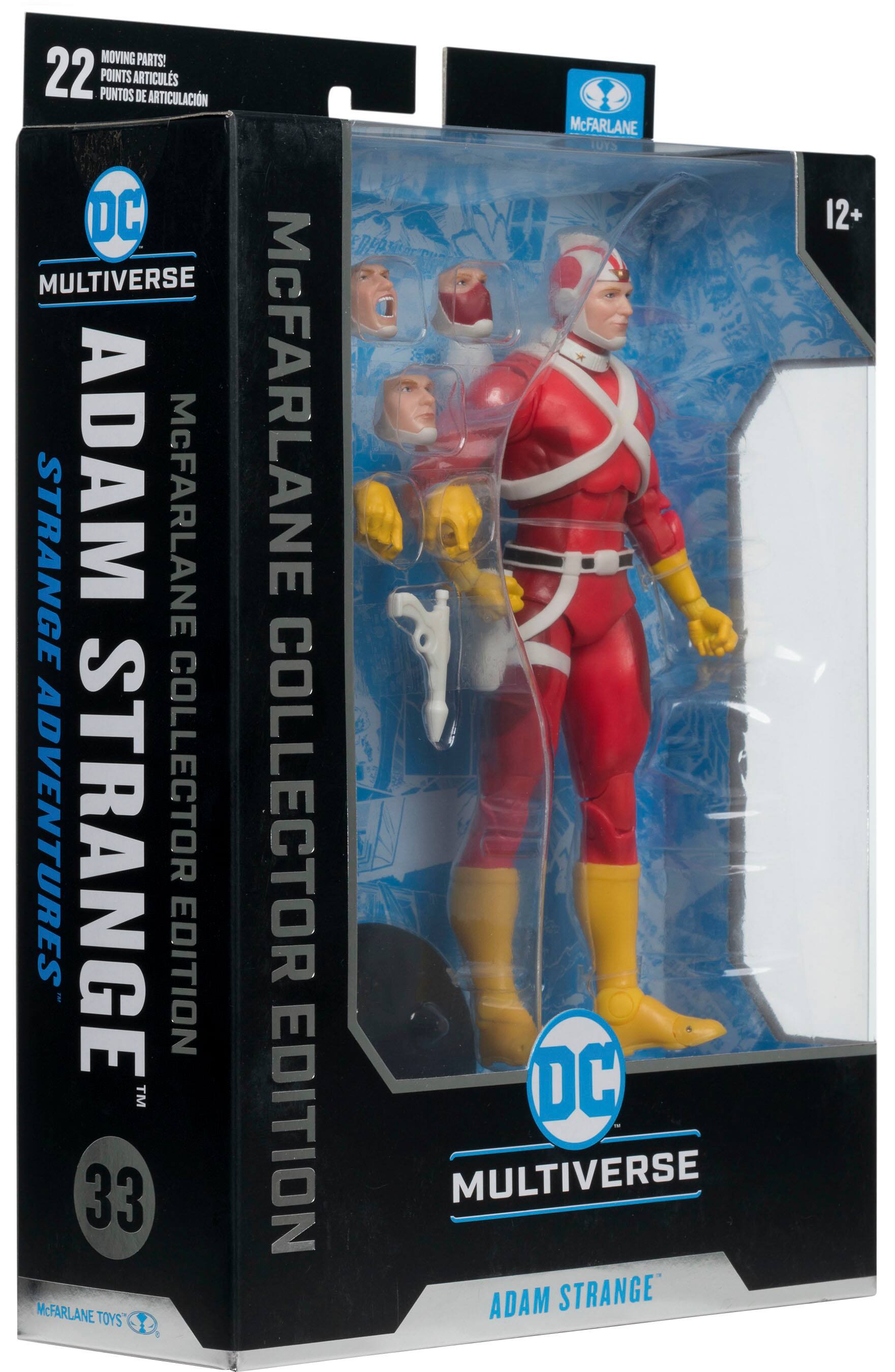 The image features a collector's edition of Adam Strange from the DC Multiverse line by McFarlane Toys. The figure is displayed in a black box, showcasing the character in his red and white costume. The box is labeled with the number 33, indicating it is part of a limited edition collection. The figure is posed with a gun, emphasizing its role as a superhero.