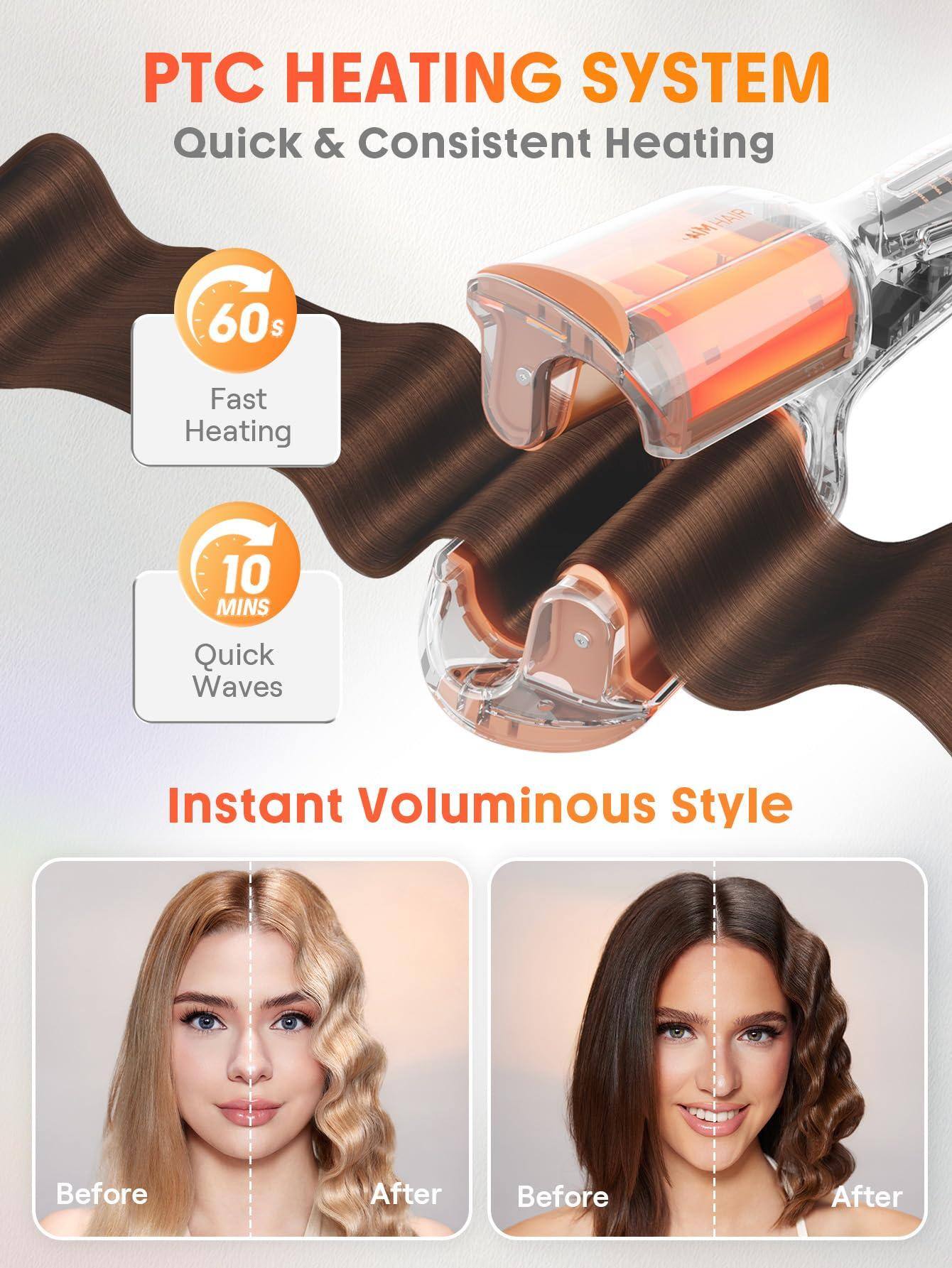 PTC HEATING SYSTEM  
Quick & Consistent Heating  

60s  
Fast Heating  

10 MINS  
Quick Waves  

Instant Voluminous Style  

Before After  
Before After