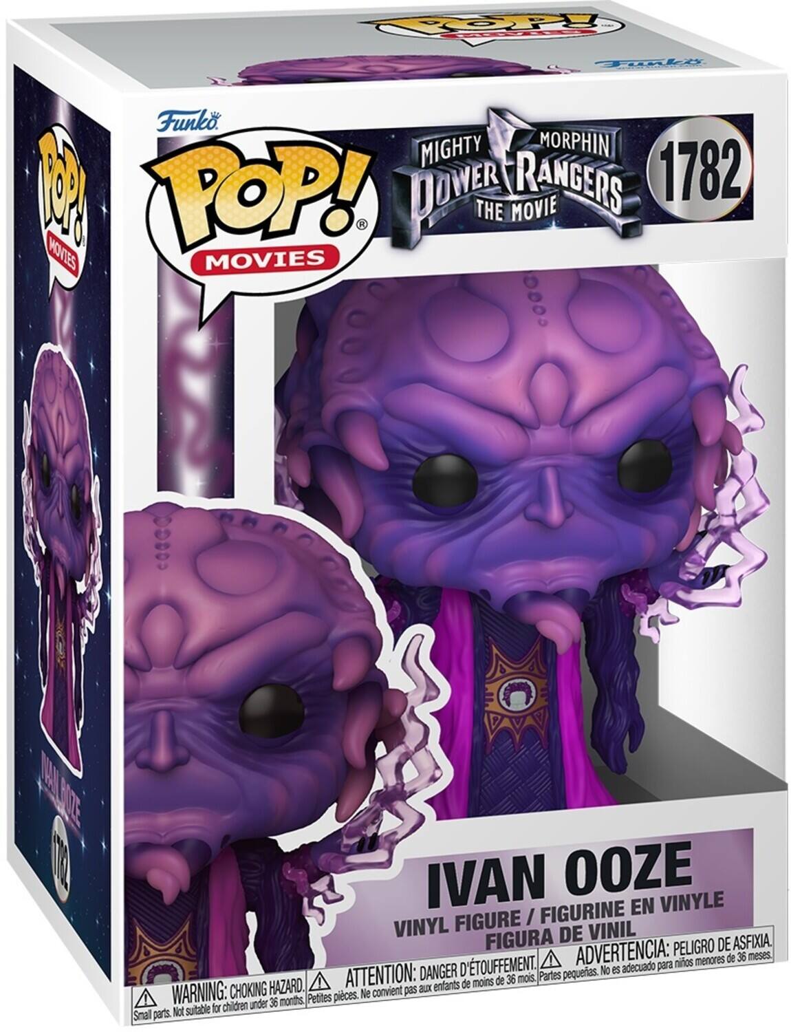 The text on the image can be grouped and corrected as follows:

**Product Information:**
- OP Tualui Funko.
- MIGHTY MORPHIN POWER RANGERS
- 1782
- THE MOVIE
- IVAN OOZE
- VINYL FIGURE / FIGURINE EN VINYLE / FIGURA DE VINIL

**Warnings:**
- PEUGNO DE ASFIXIA. D'TOUFFEMENT. ADVERTENCIA: para niños menores de 36 meses.
- DANGER: CHOKING HAZARD. ATTENTION: aux enfants de moins de 36 mois.
- WARNING: CHOKING HAZARD. Small parts. Not suitable for children under 36 months.

**Additional Text:**
- MOVIES MOVIES MOVIES MANZE 10

This ensures that all the information is clear and correctly grouped.