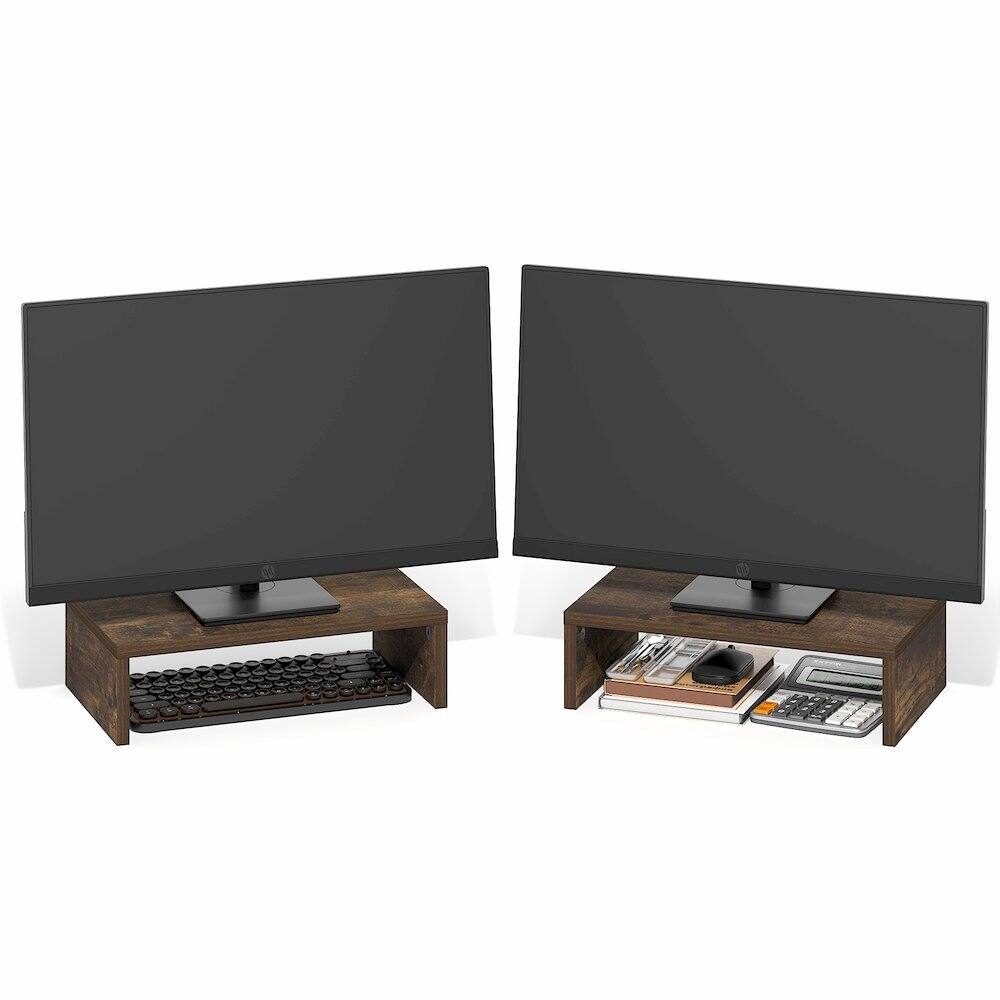 Back. Furinno - CLASSIC Monitor Stand Riser Set of 2, Dual Monitor Riser, Stackable Separable Laptop Stand for Desk, for Office Supplier - Amber Pine.