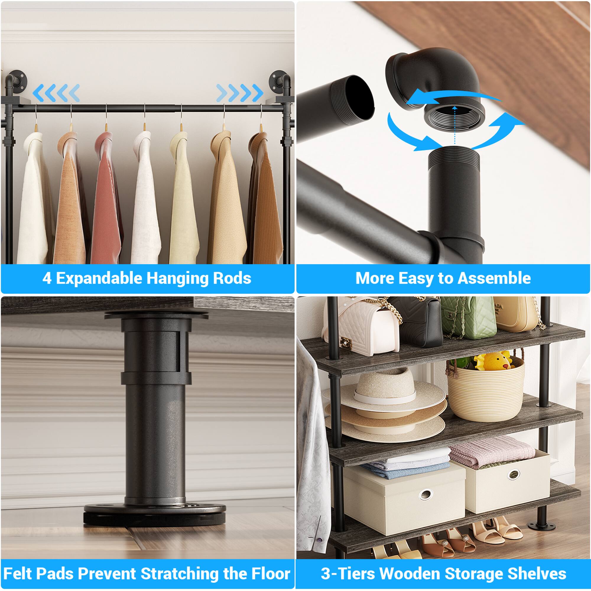 4 Expandable Hanging Rods  
More Easy to Assemble  
Felt Pads Prevent Stratching the Floor  
3-Tiers Wooden Storage Shelves