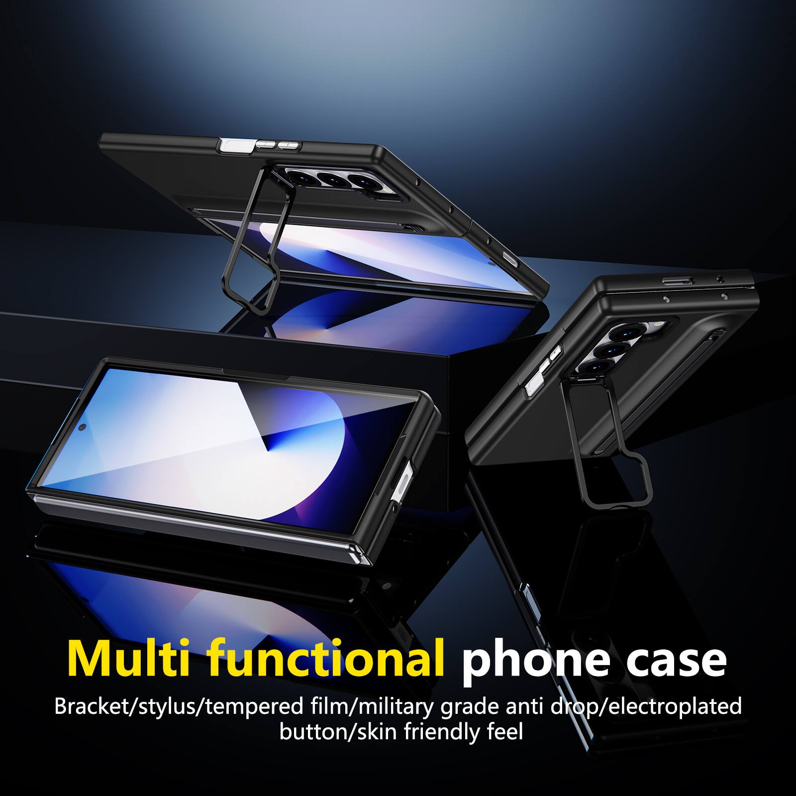 Multi functional phone case  
Bracket/stylus/tempered film/military grade anti drop/electroplated button/skin friendly feel